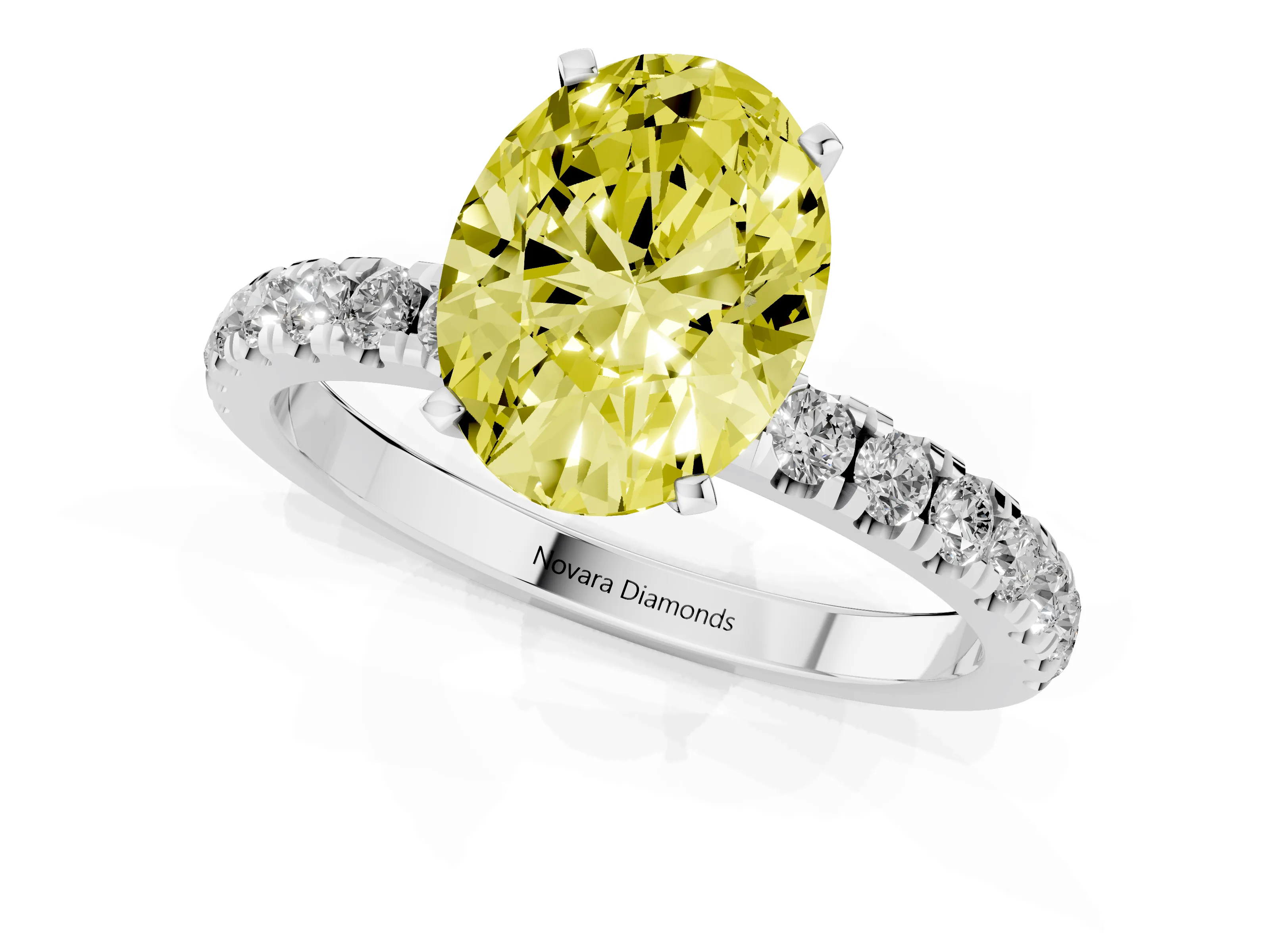 Fancy Yellow Oval Cut Diamond Solitaire Ring Set in Platinum with Pavé Accents and Prong Setting