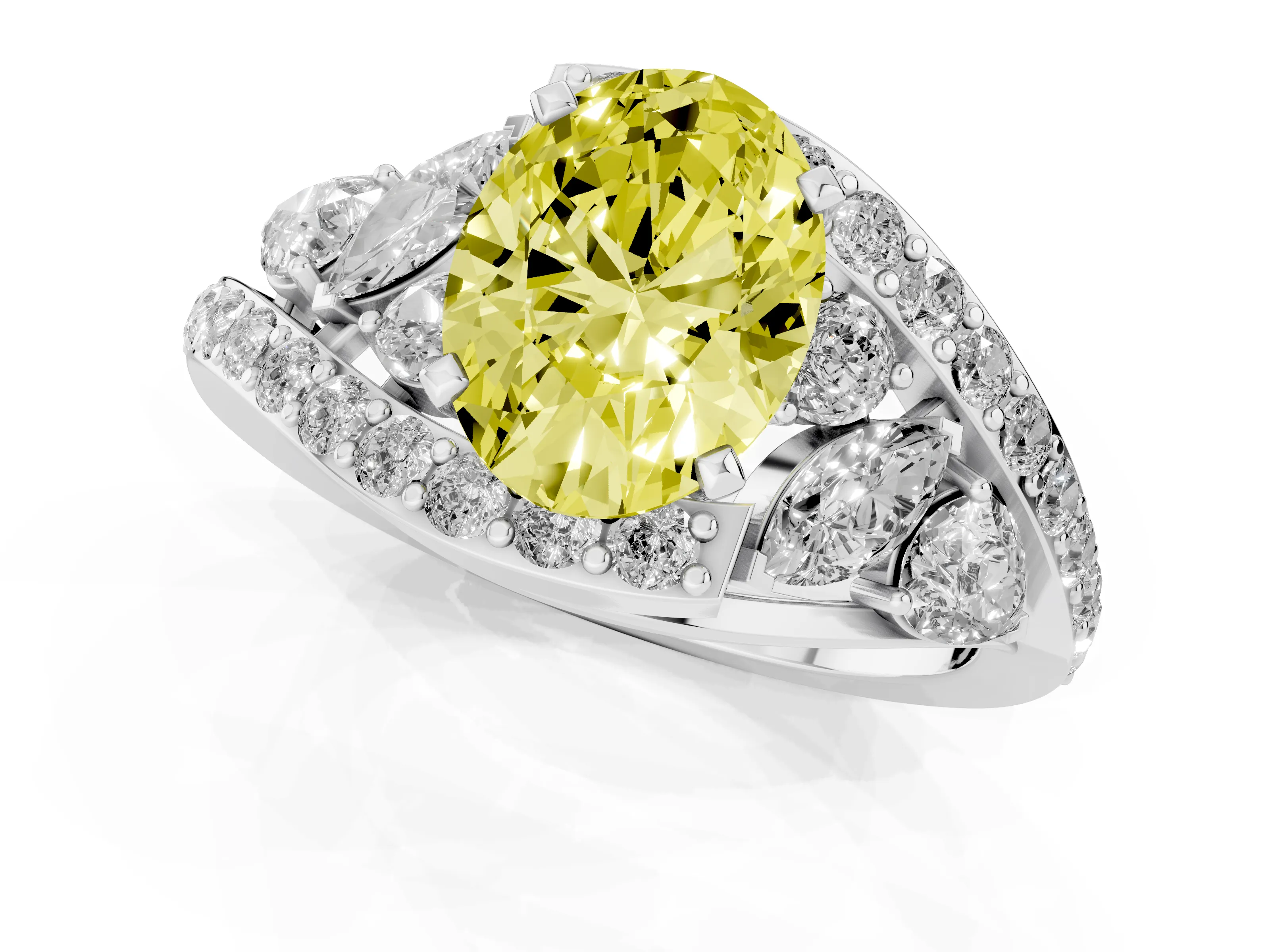 Fancy Yellow Oval Cut Diamond Halo Ring Set in Platinum with Marquise and Pavé Band in Prong Setting