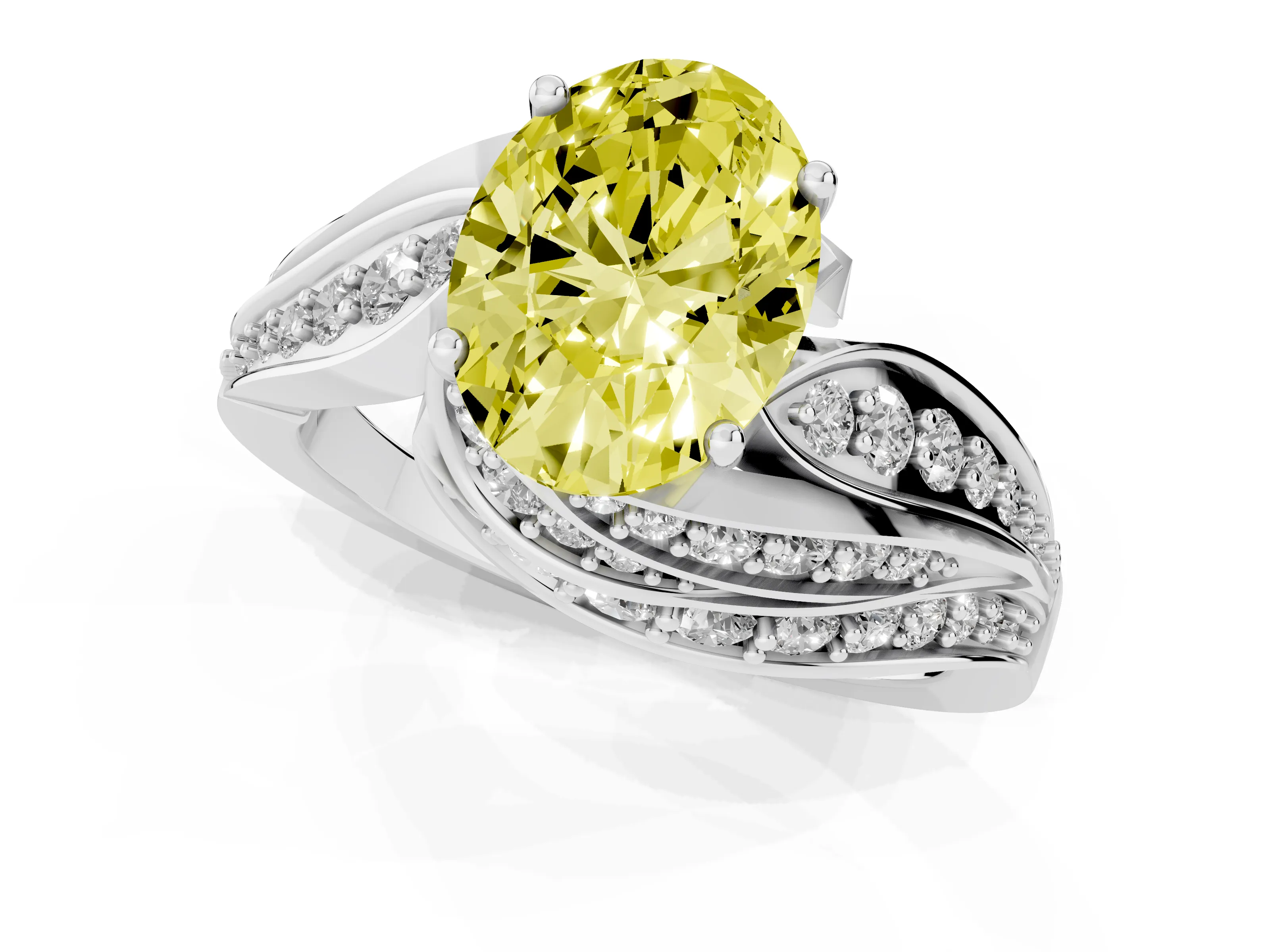 Fancy Yellow Oval Cut Diamond Solitaire Ring Set in Platinum with Layered Twist Pavé Band
