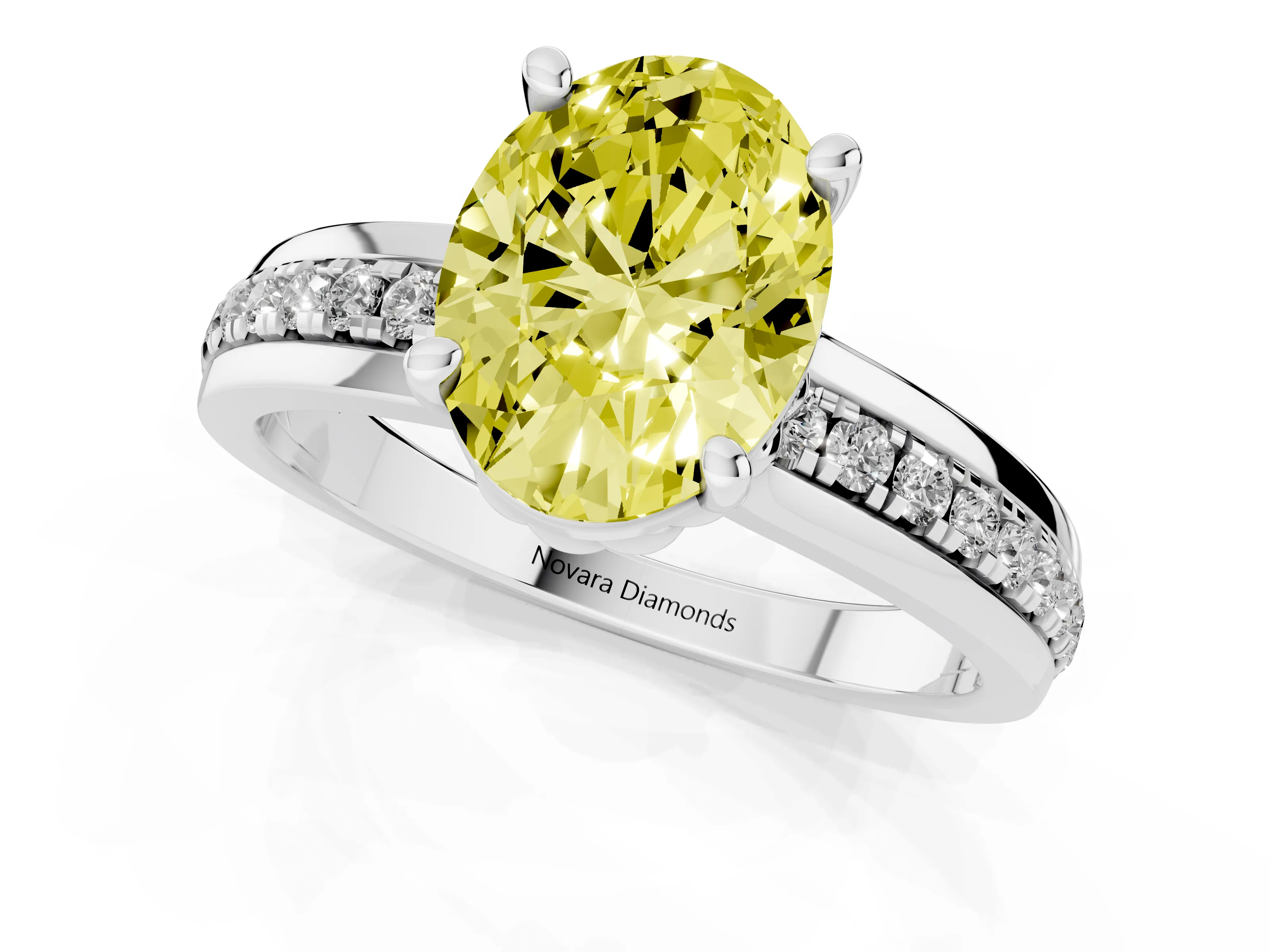 Fancy Yellow Oval Cut Diamond Solitaire Ring Set in Silver with Channel Set Band and Prong Setting