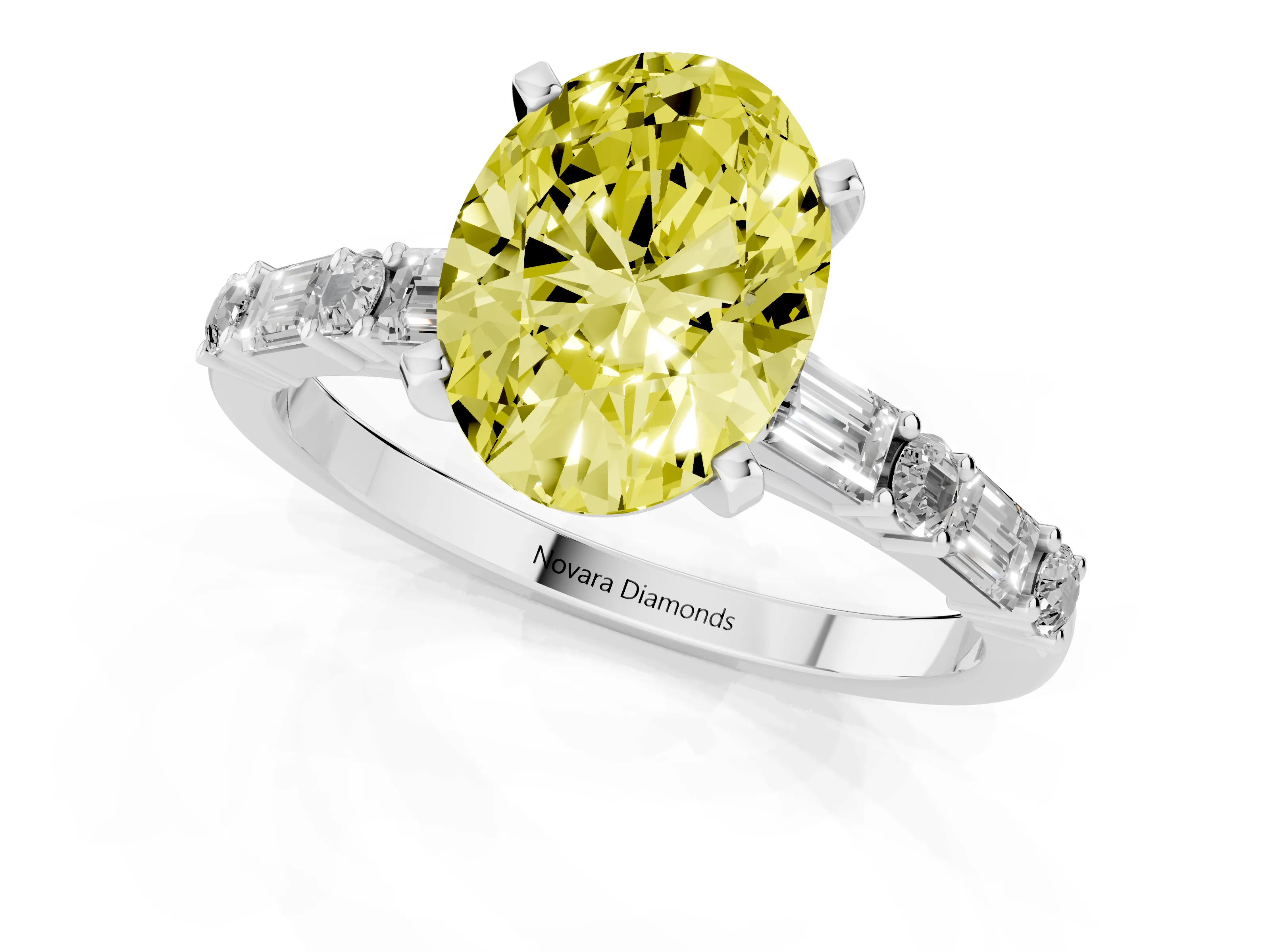 Fancy Yellow Oval Cut Diamond Solitaire Set in White gold with Side Baguettes and Channel Set Band