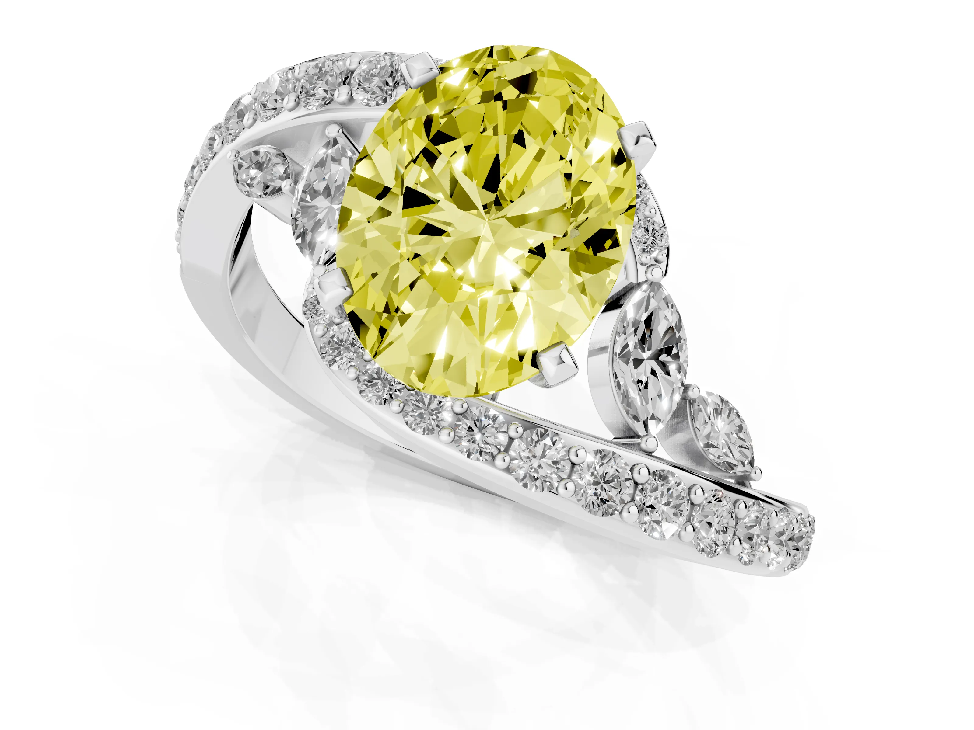 Fancy Yellow Oval Cut Diamond Solitaire Ring Set in Platinum with Pavé Twist Band and Secure Prong Setting