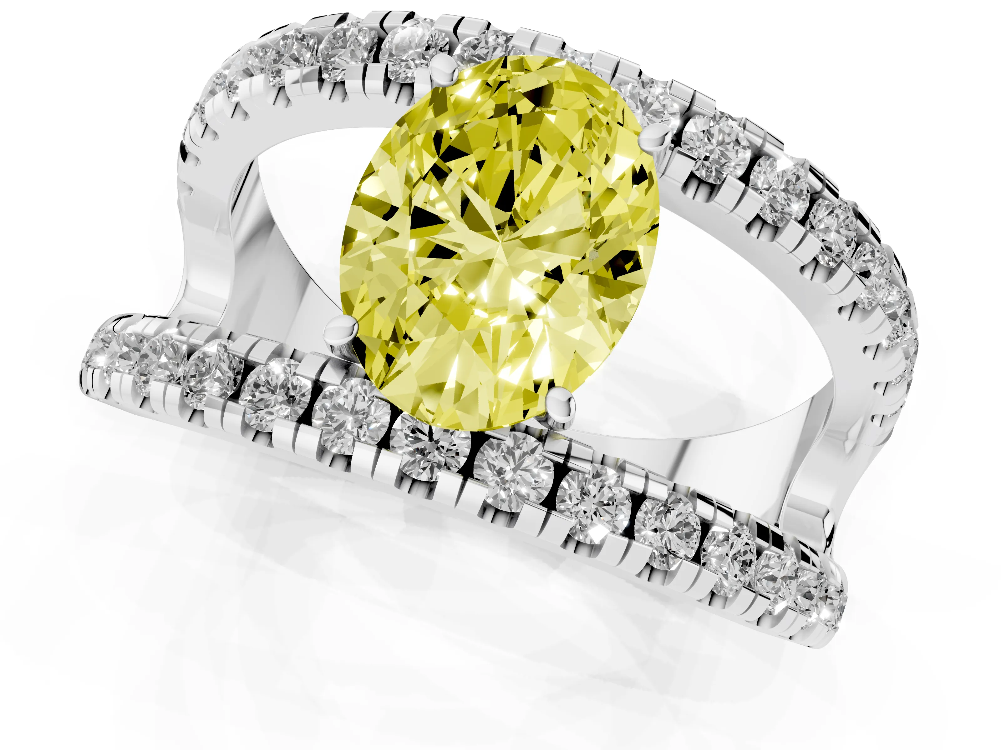 Fancy Yellow Oval Cut Diamond Split Shank Pavé Solitaire Ring Set in Platinum with Open Shank Design