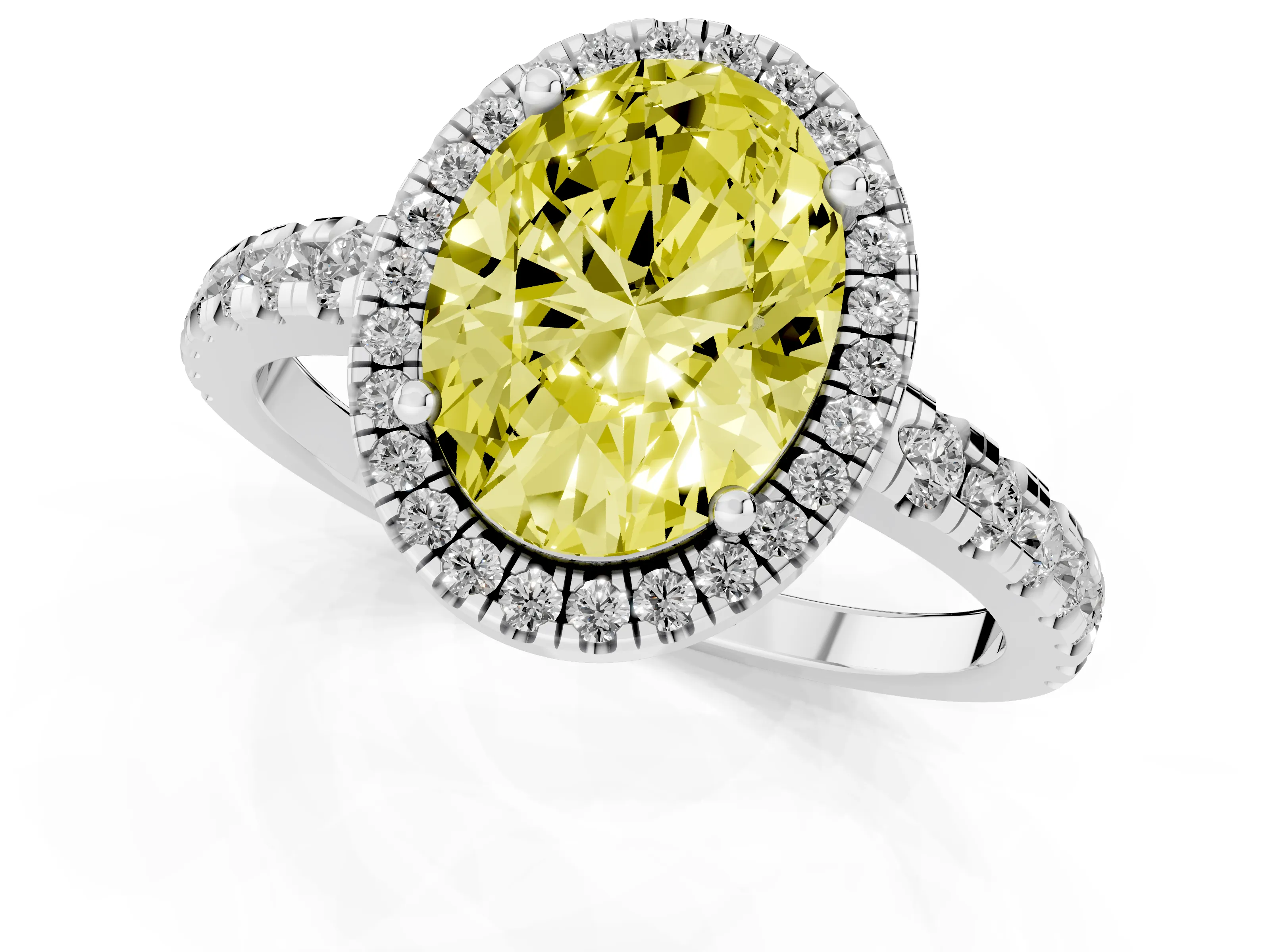 Fancy Yellow Oval Cut Diamond Halo Ring Set in Platinum with Delicate Pavé Band and Prong Setting