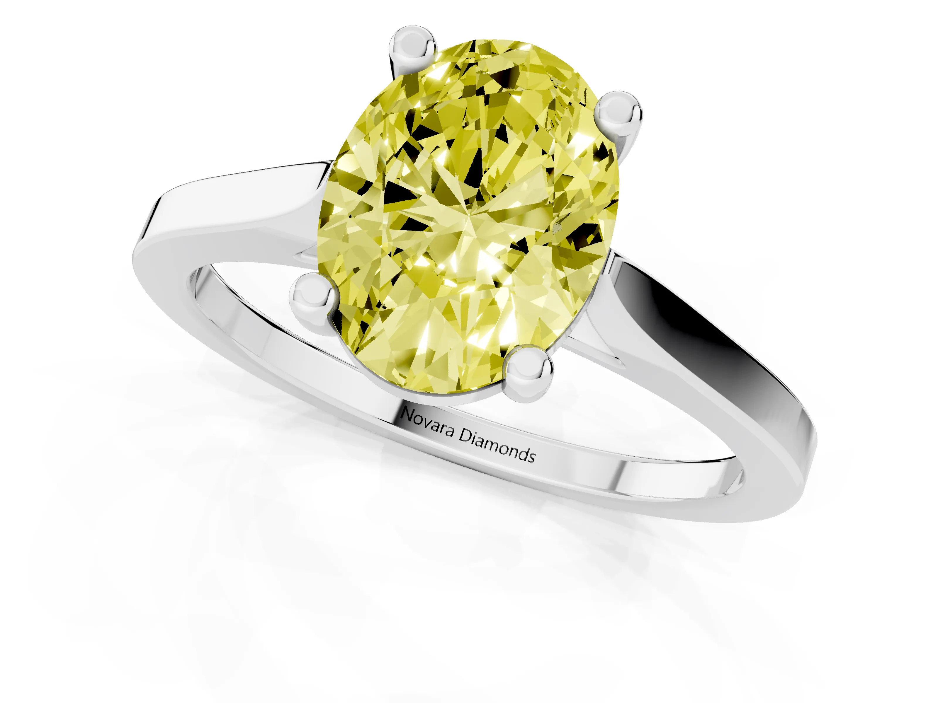 Fancy Yellow Oval Cut Diamond Solitaire Ring Set in Platinum with Prong Setting and Tapered Band