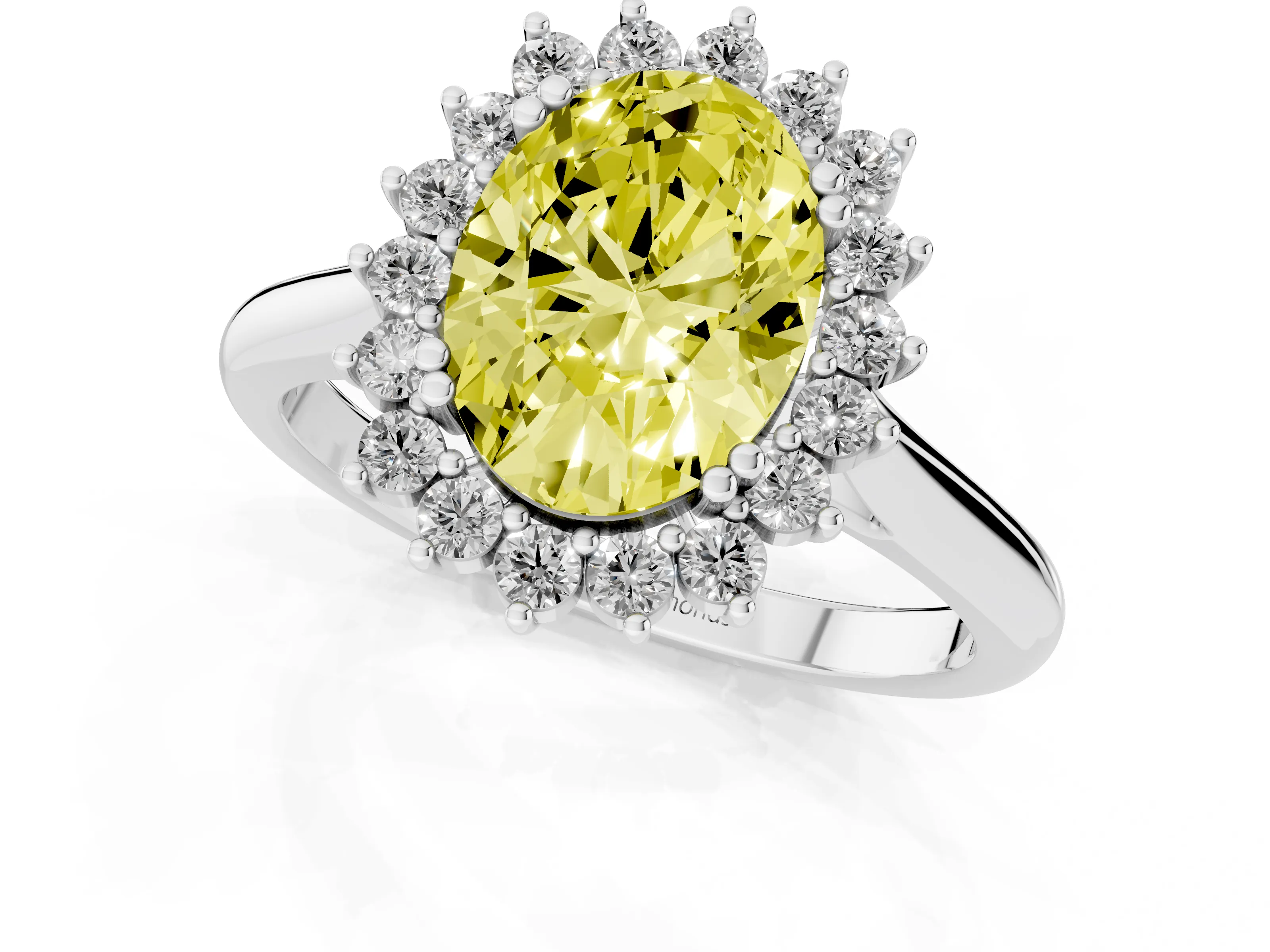 Fancy Yellow Oval Cut Diamond Halo Ring Set in Platinum with Plain Solitaire Band and Prong Setting