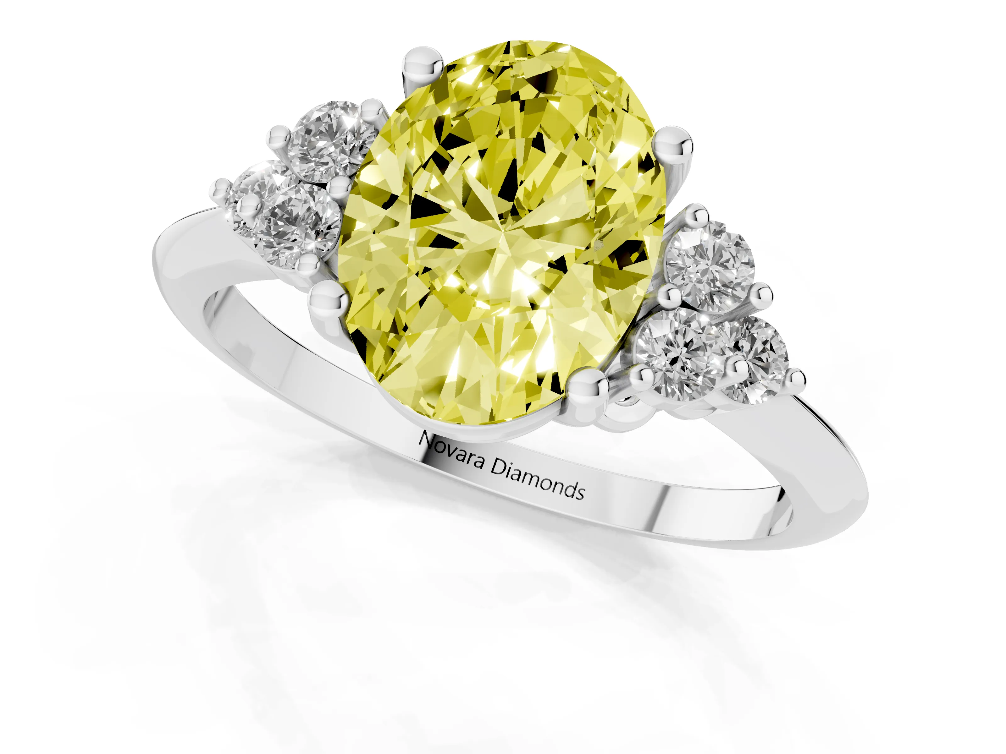 Fancy Yellow Oval Cut Diamond Cluster Ring Set in Platinum with Plain Band and Prong Setting