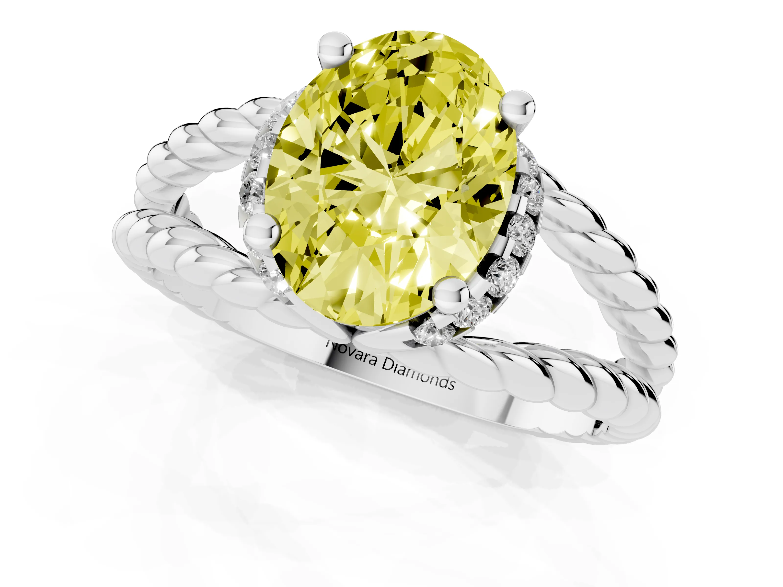 Fancy Yellow Oval Cut Diamond Halo Ring Set in Platinum with Twisted Band and Prong Setting