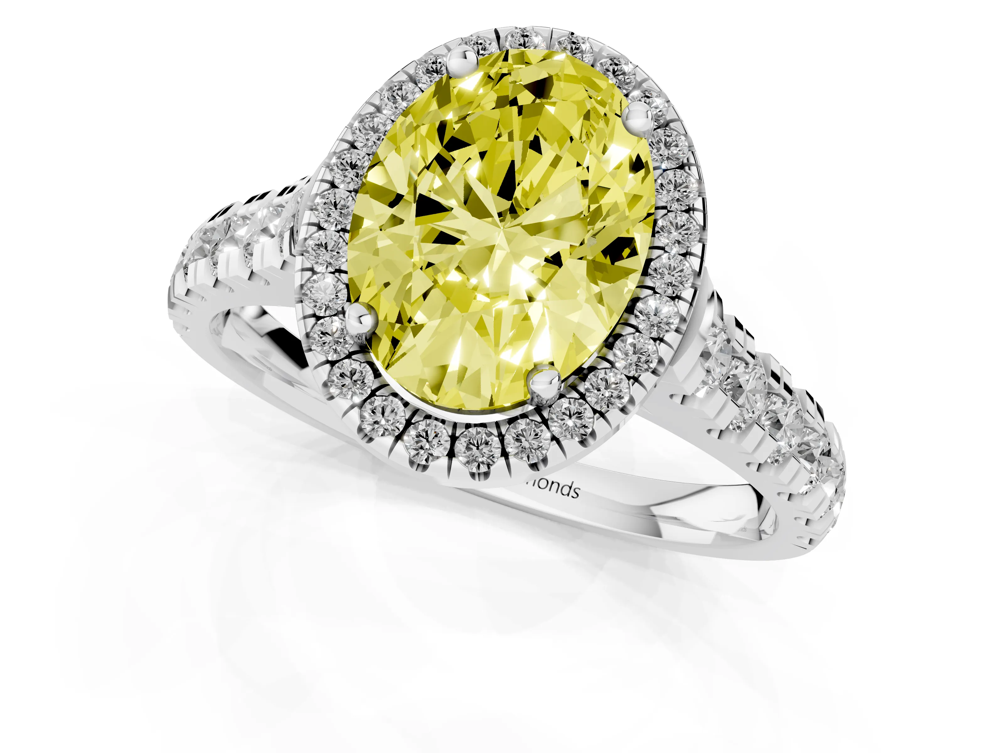 Fancy Yellow Oval Cut Diamond Halo Engagement Ring Set in Silver with Pavé Band and Prong-Set Center