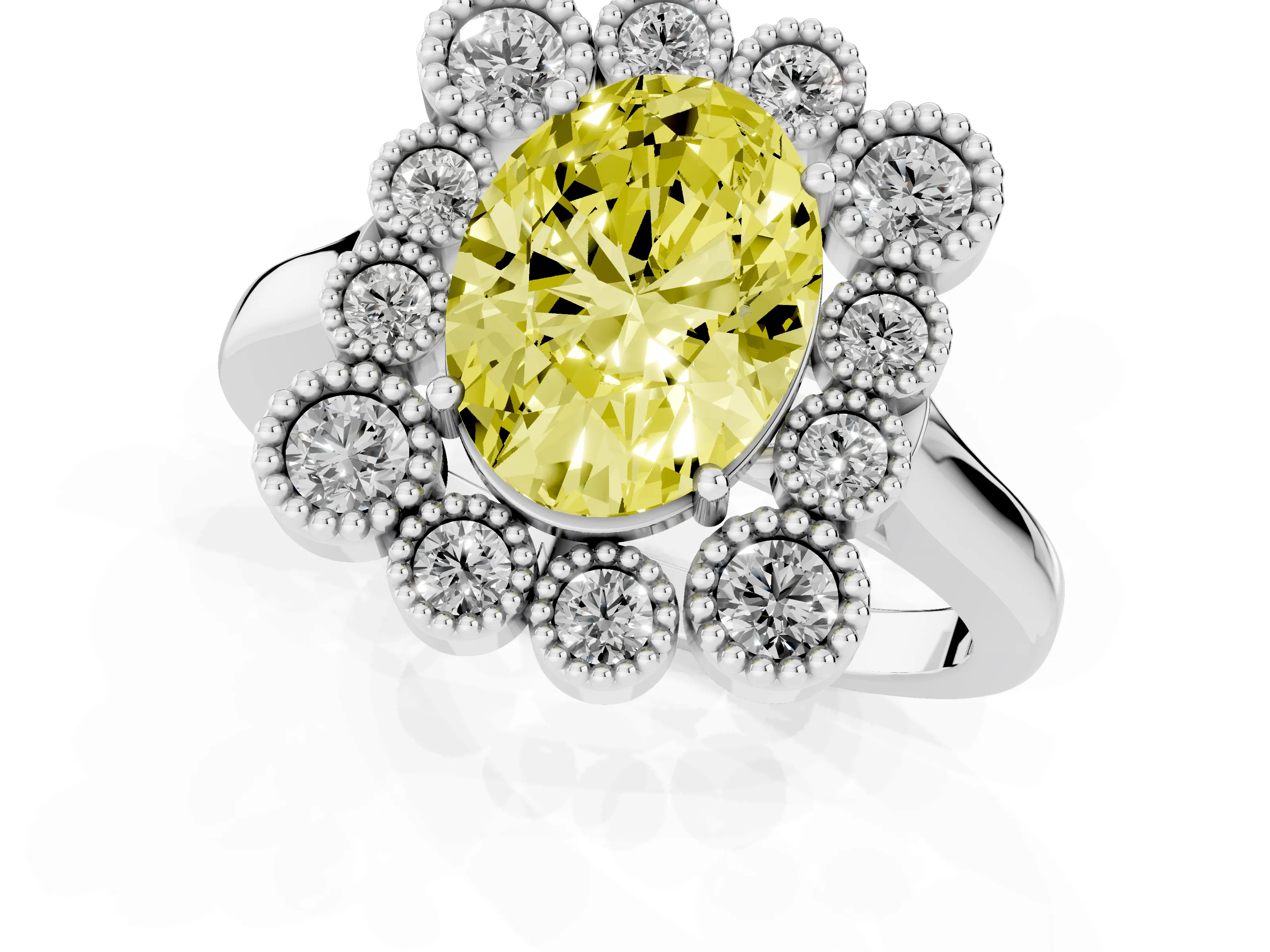 Fancy Yellow Oval Cut Diamond Cluster Halo Ring Set in White gold with Milgrain Bezel Accents and Plain Band