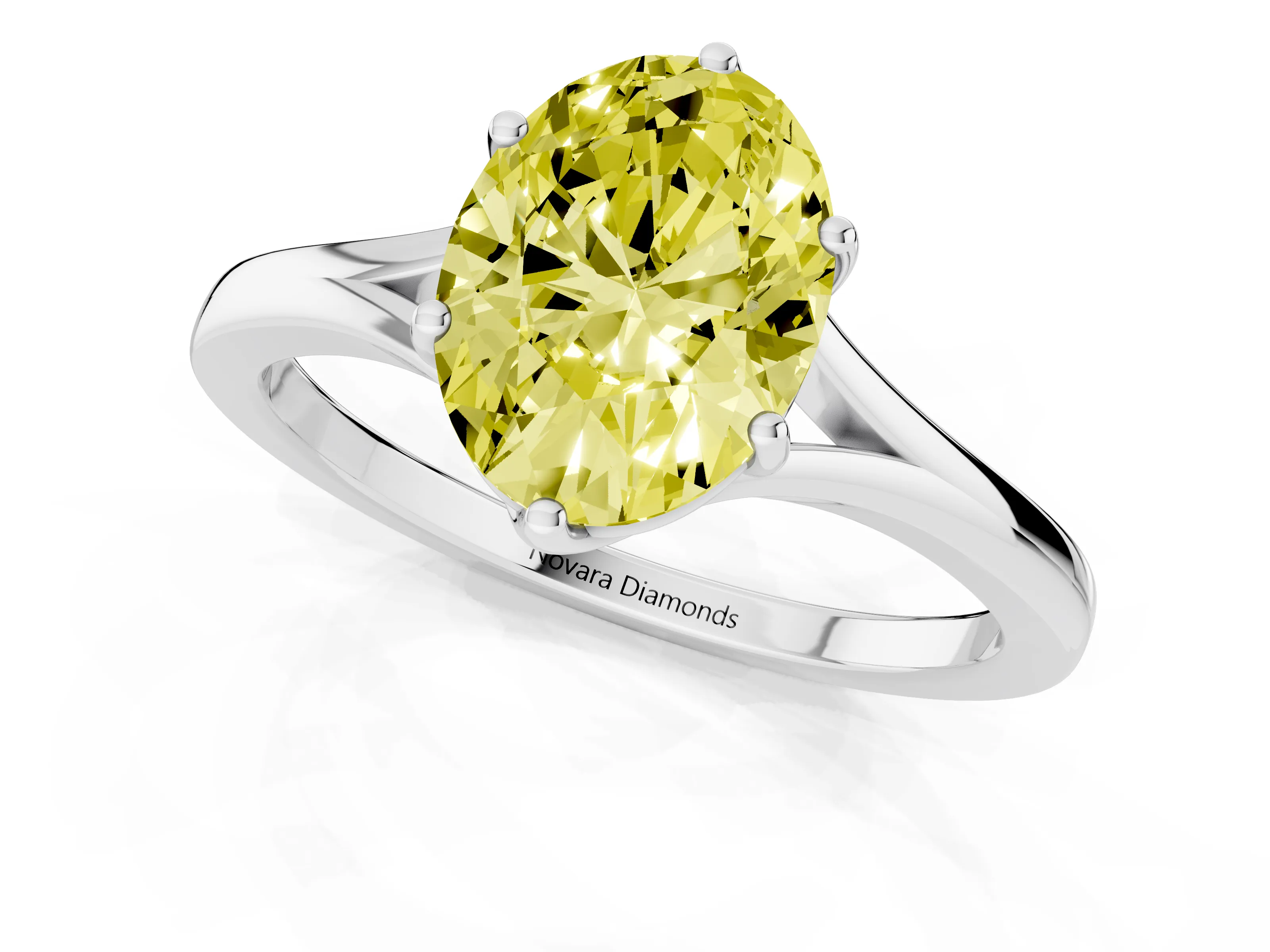 Fancy Yellow Oval Cut Diamond Solitaire Ring Set in Silver with Polished Tapered Band and Prong Setting
