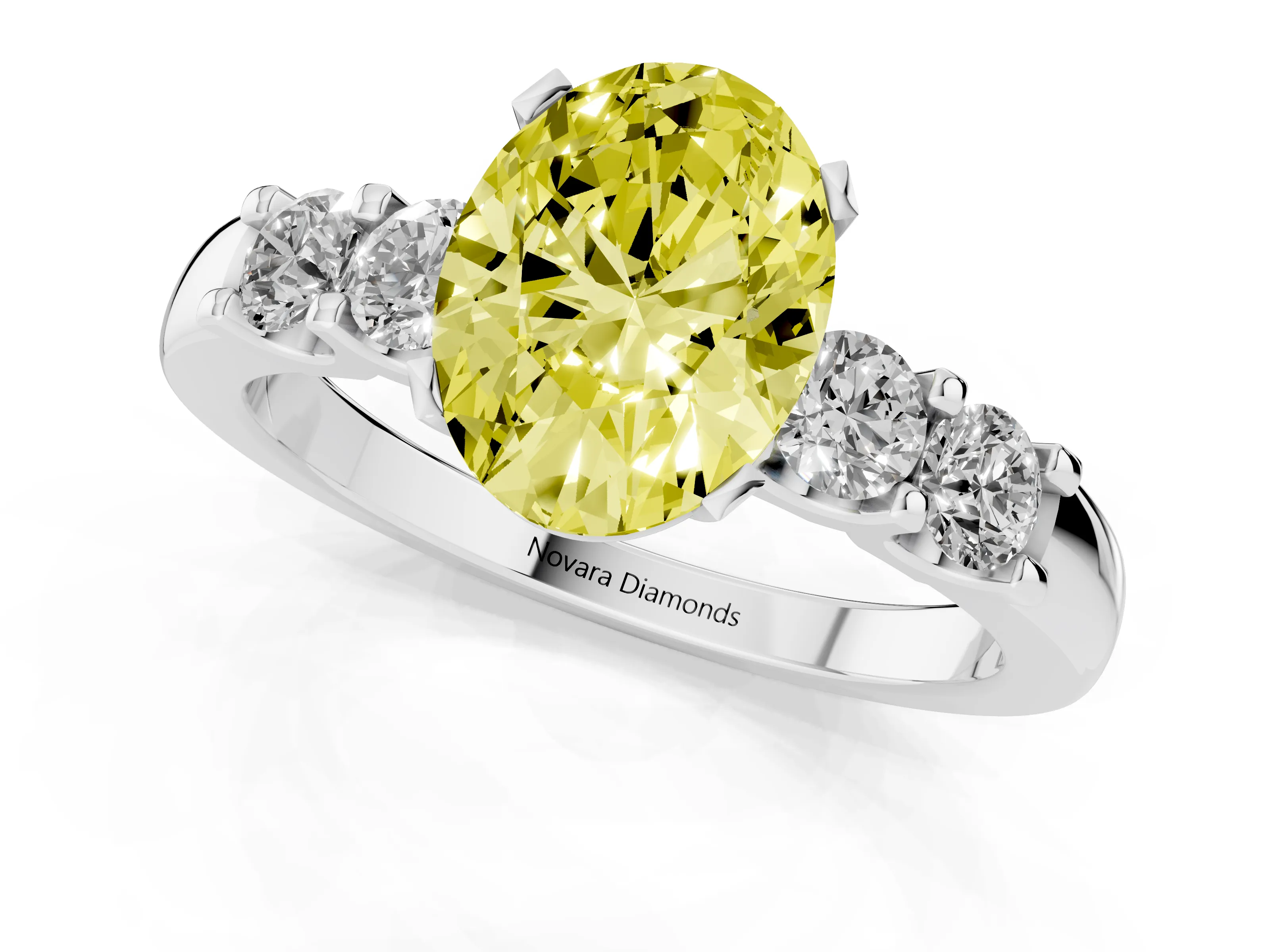 Fancy Yellow Oval Cut Diamond Five-Stone Prong Set Engagement Ring Set in Platinum with Channel Band