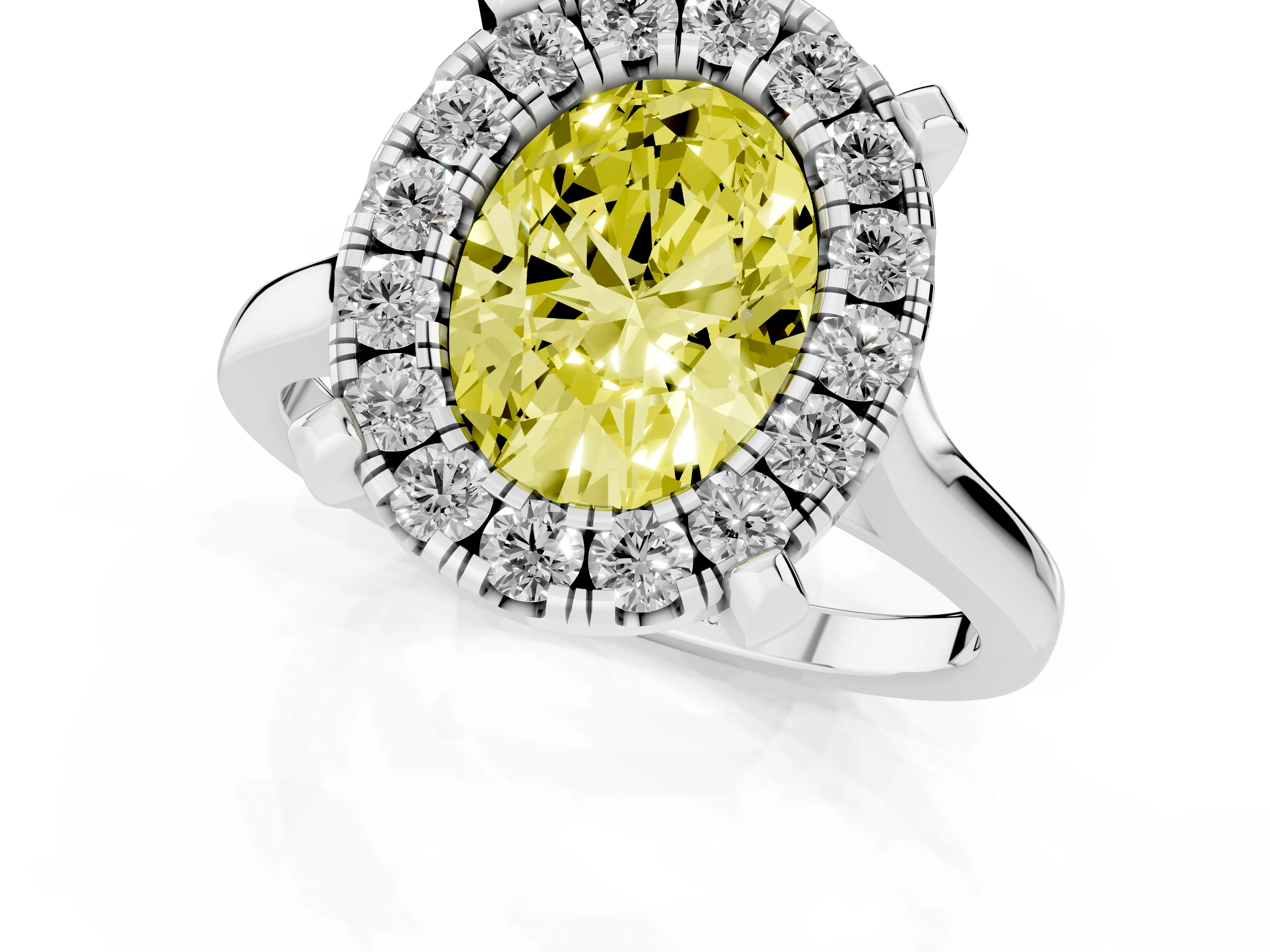 Fancy Yellow Oval Cut Diamond Cluster Halo Solitaire Ring Set in Silver with Prong Setting