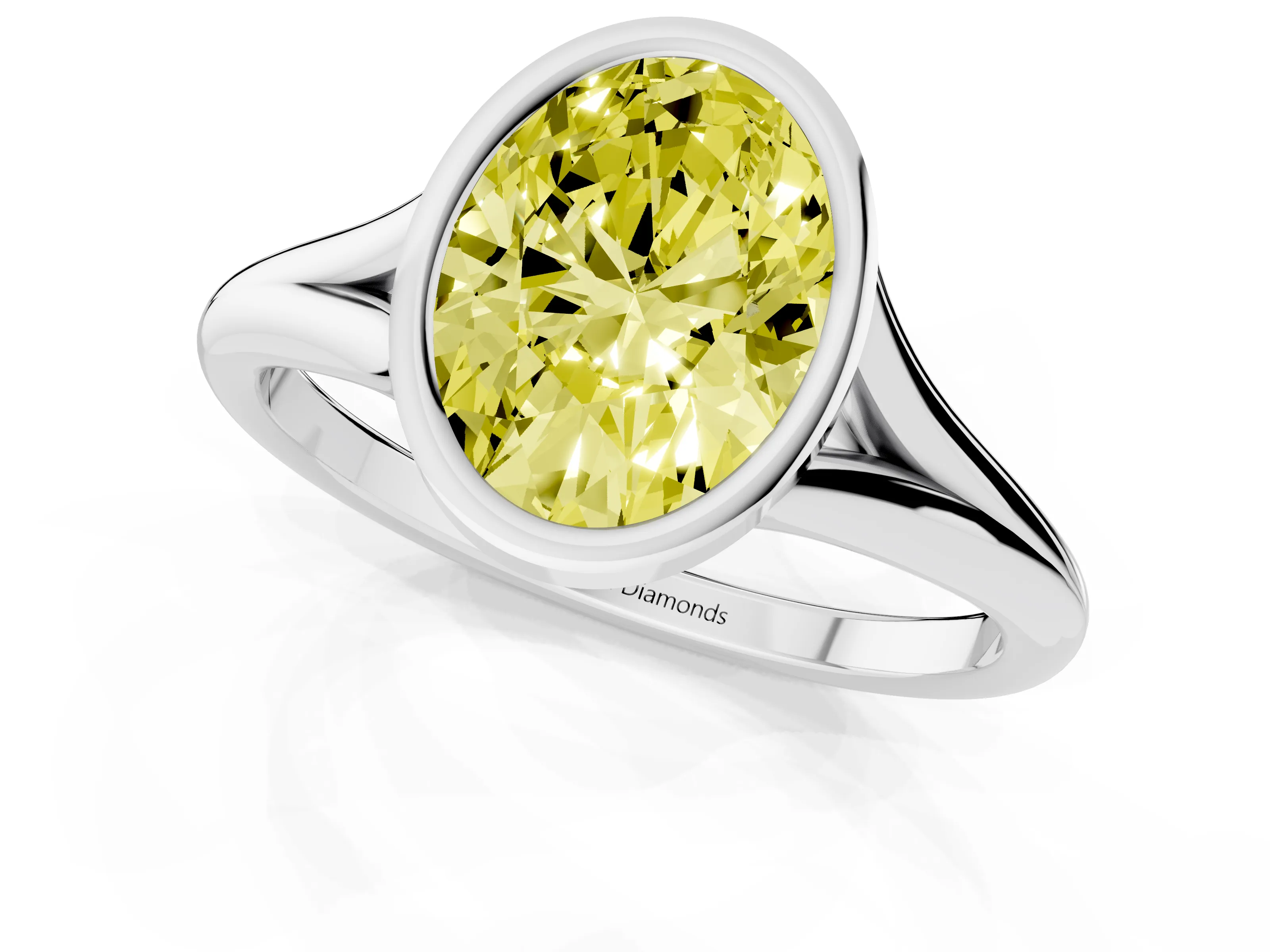 Fancy Yellow Bezel Set Oval Cut Diamond Solitaire Ring Set in Platinum with Tapered Band