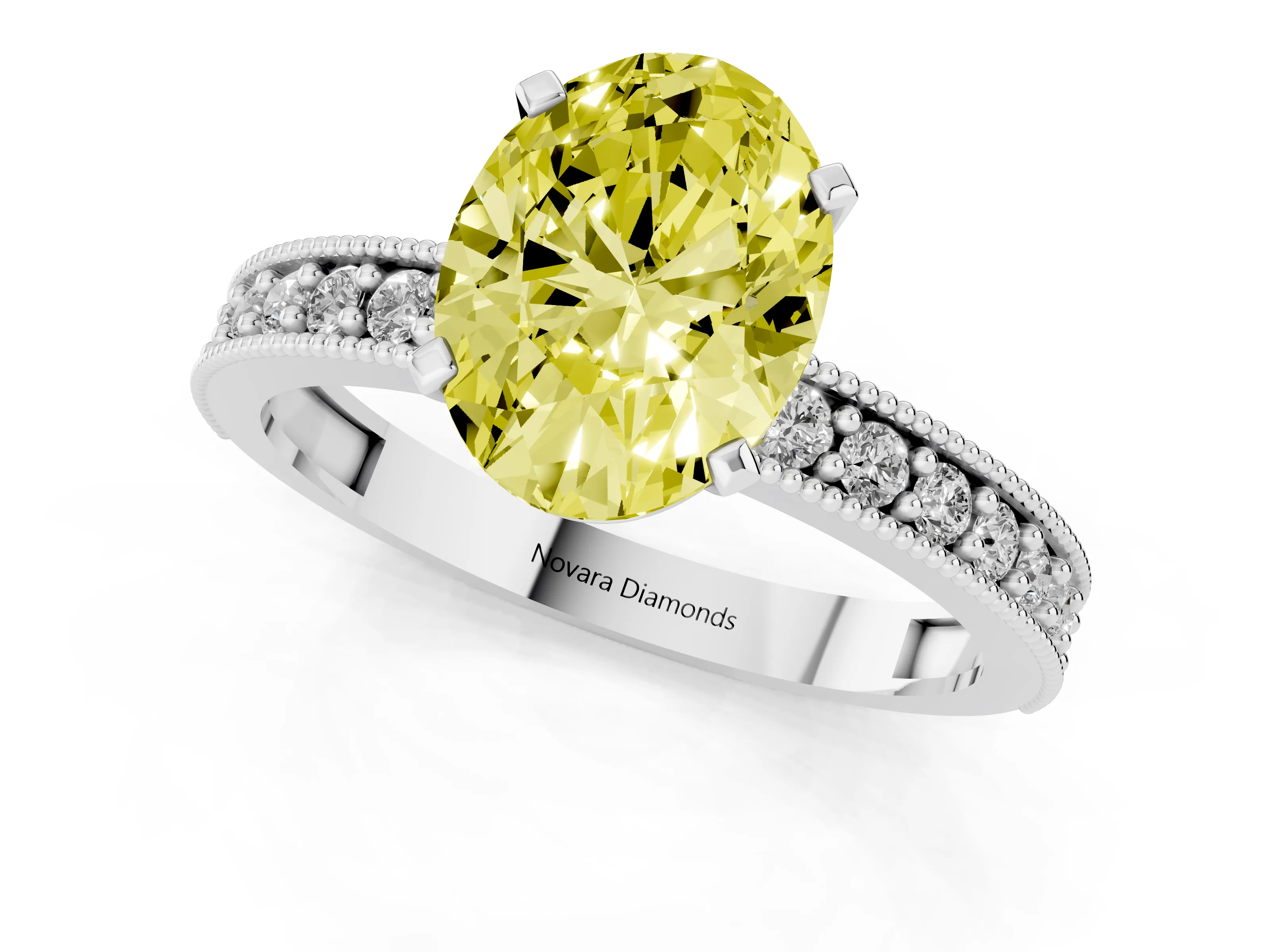 Fancy Yellow Oval Cut Diamond Milgrain Pavé Engagement Ring Set in Platinum with Prong Setting