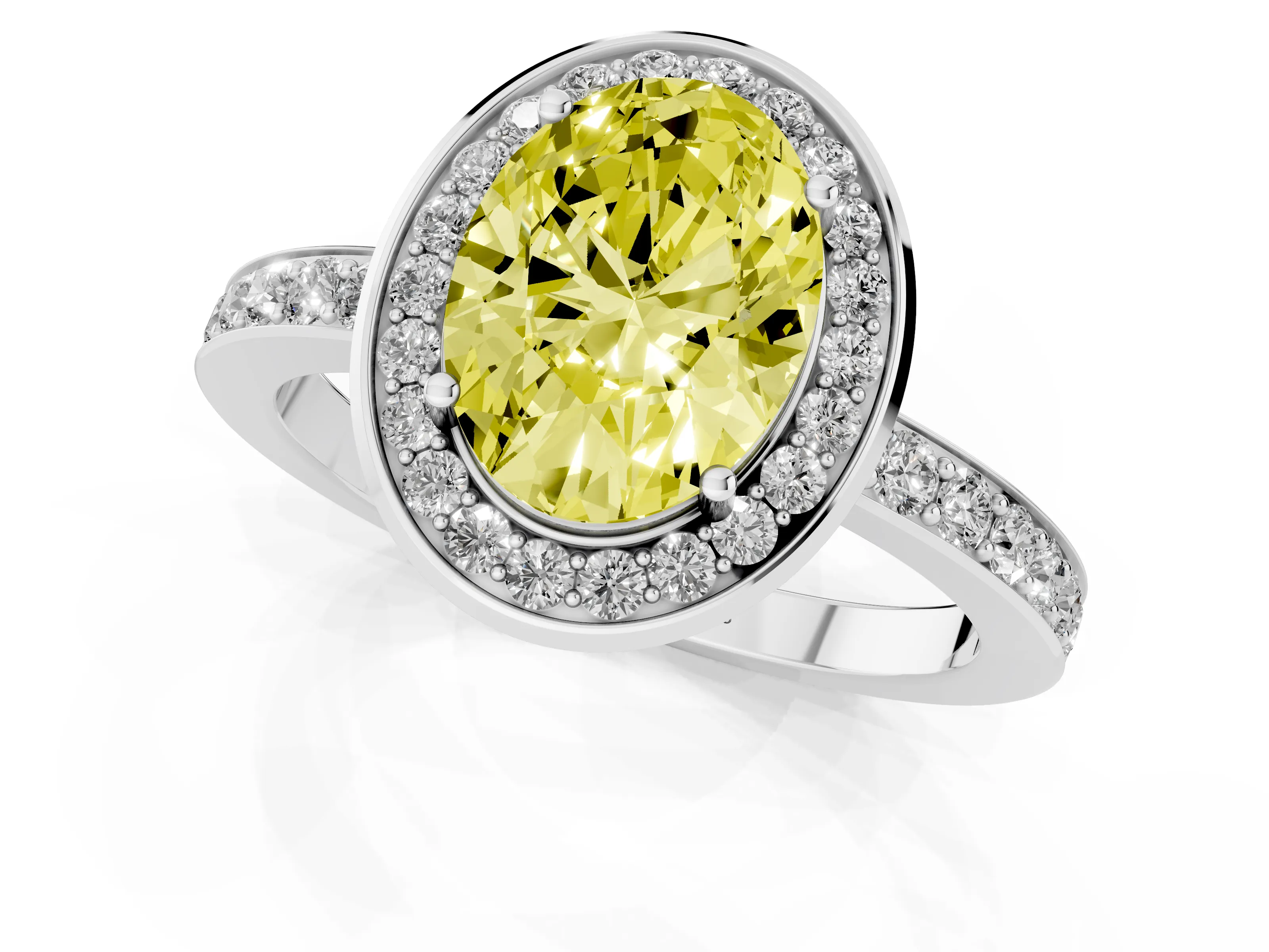 Fancy Yellow Oval Cut Diamond Halo Ring Set in White gold with Bezel Frame and Pavé Band