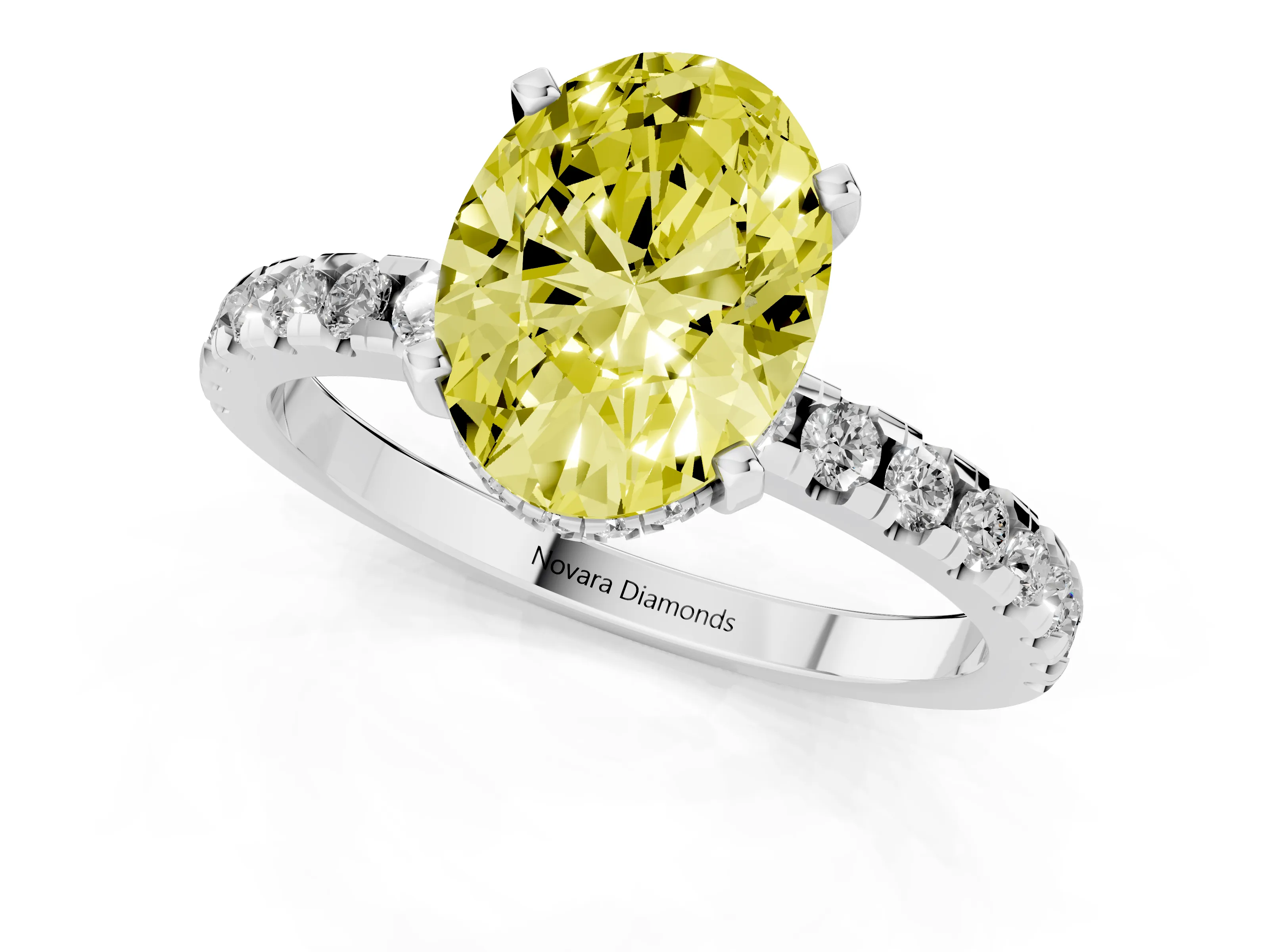Fancy Yellow Oval Cut Diamond Pavé Solitaire Ring Set in Silver with Round Band Accents and Prong Setting