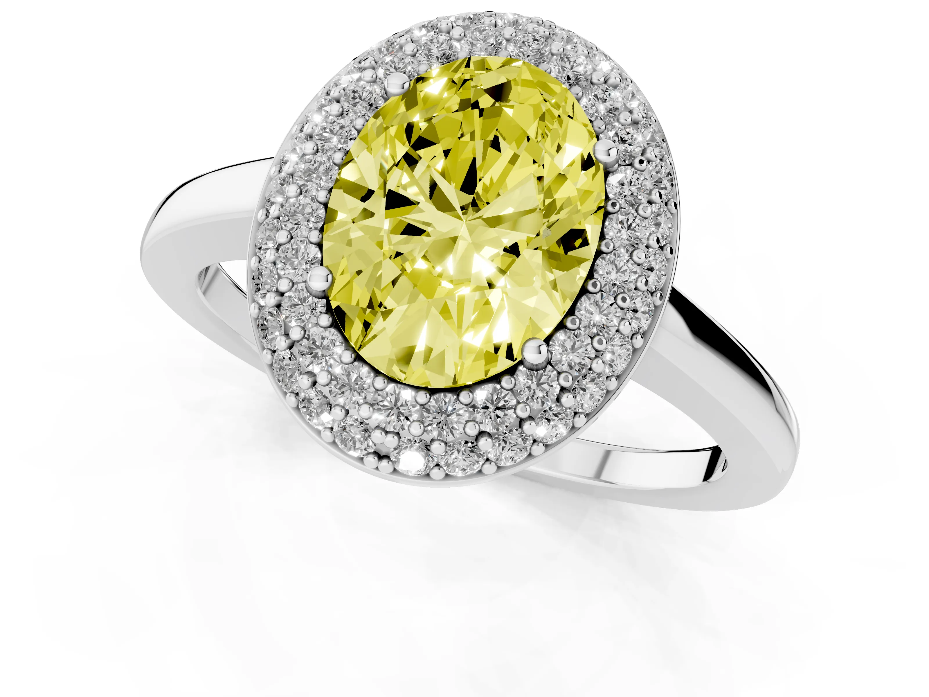 Fancy Yellow Oval Cut Diamond Halo Engagement Ring Set in White gold with Solitaire Band and Prong Setting