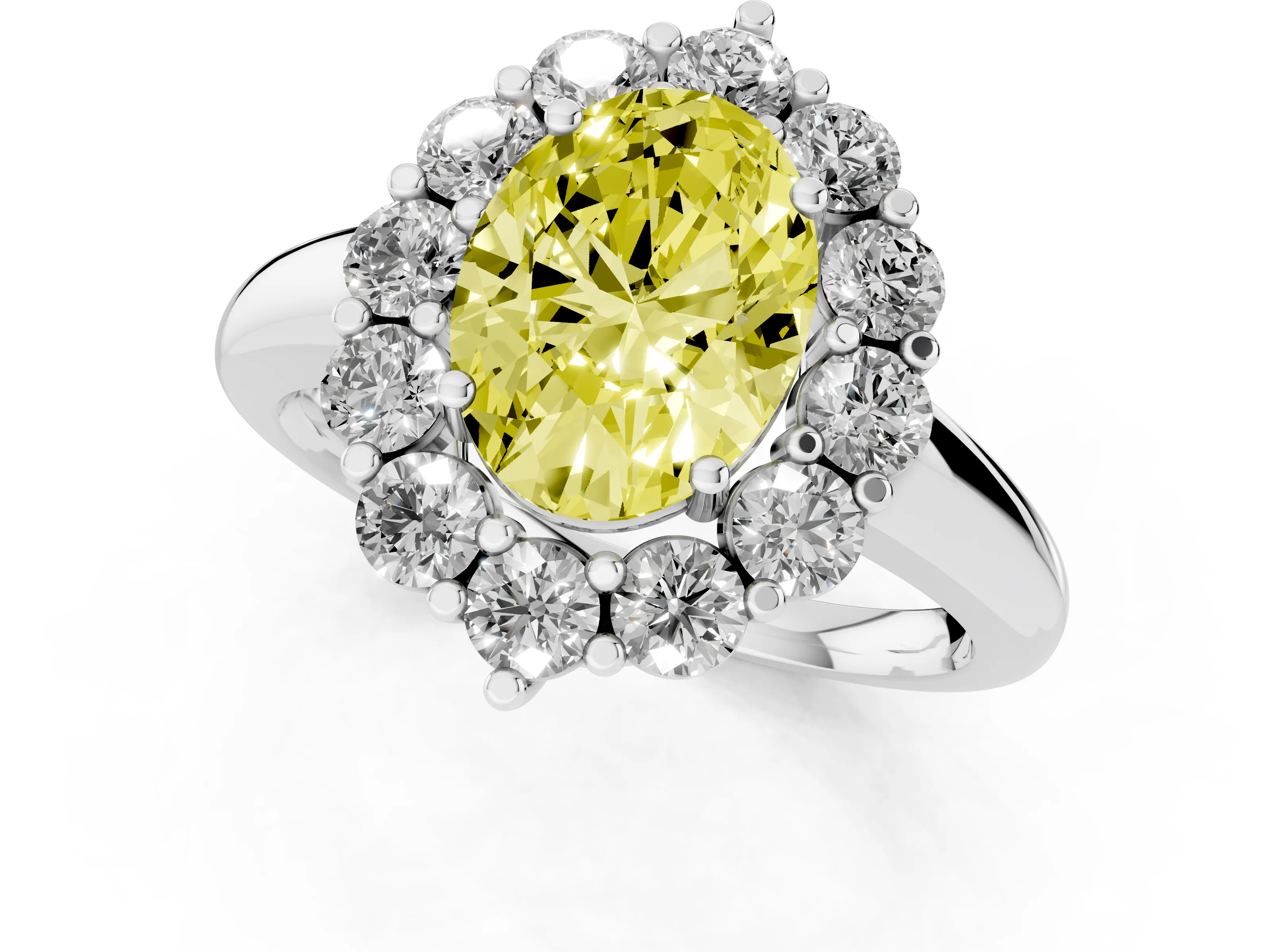 Fancy Yellow Oval Cut Diamond Halo Cluster Engagement Ring Set in Silver with Polished Band and Prong Setting