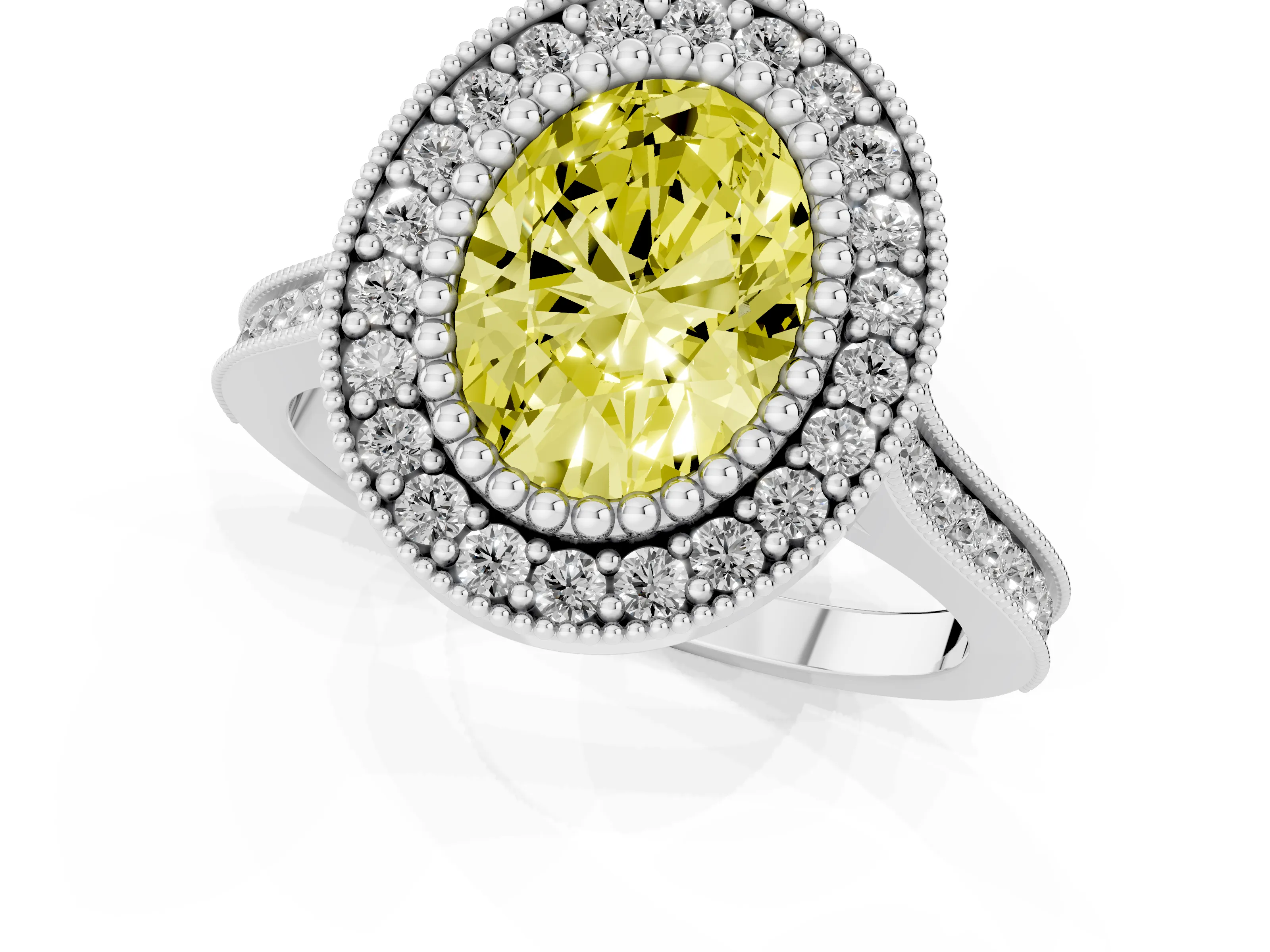 Fancy Yellow Oval Cut Diamond Halo Ring Set in Silver with Milgrain Frame and Pavé Band