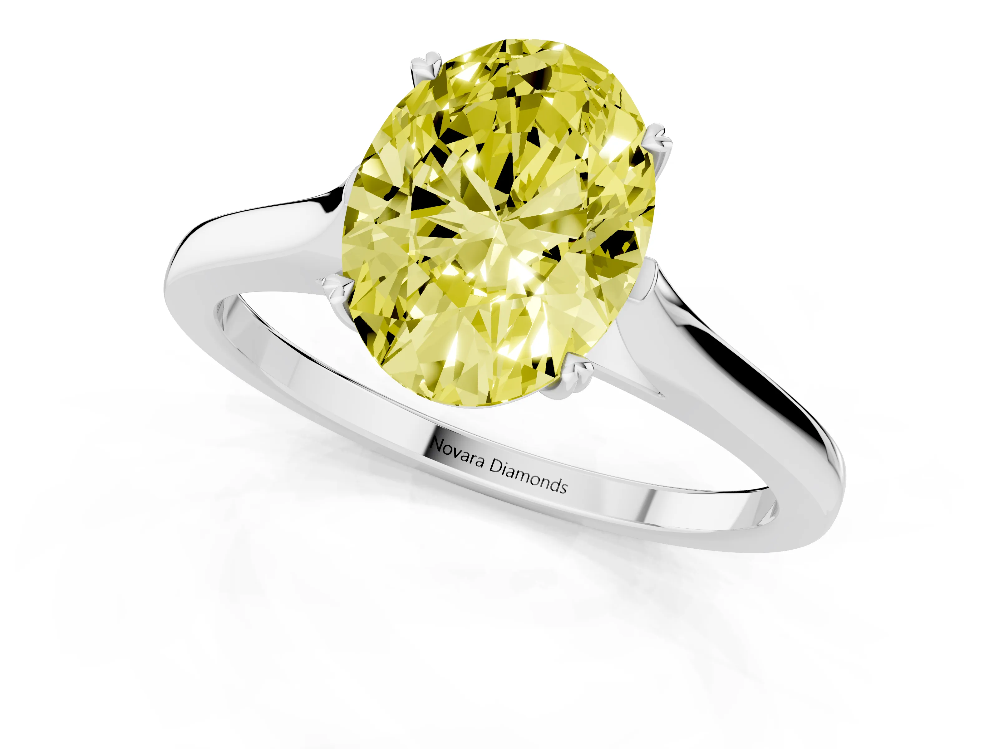 Fancy Yellow Oval Cut Diamond Solitaire Heart Prong Engagement Ring Set in Silver with Tapered Band