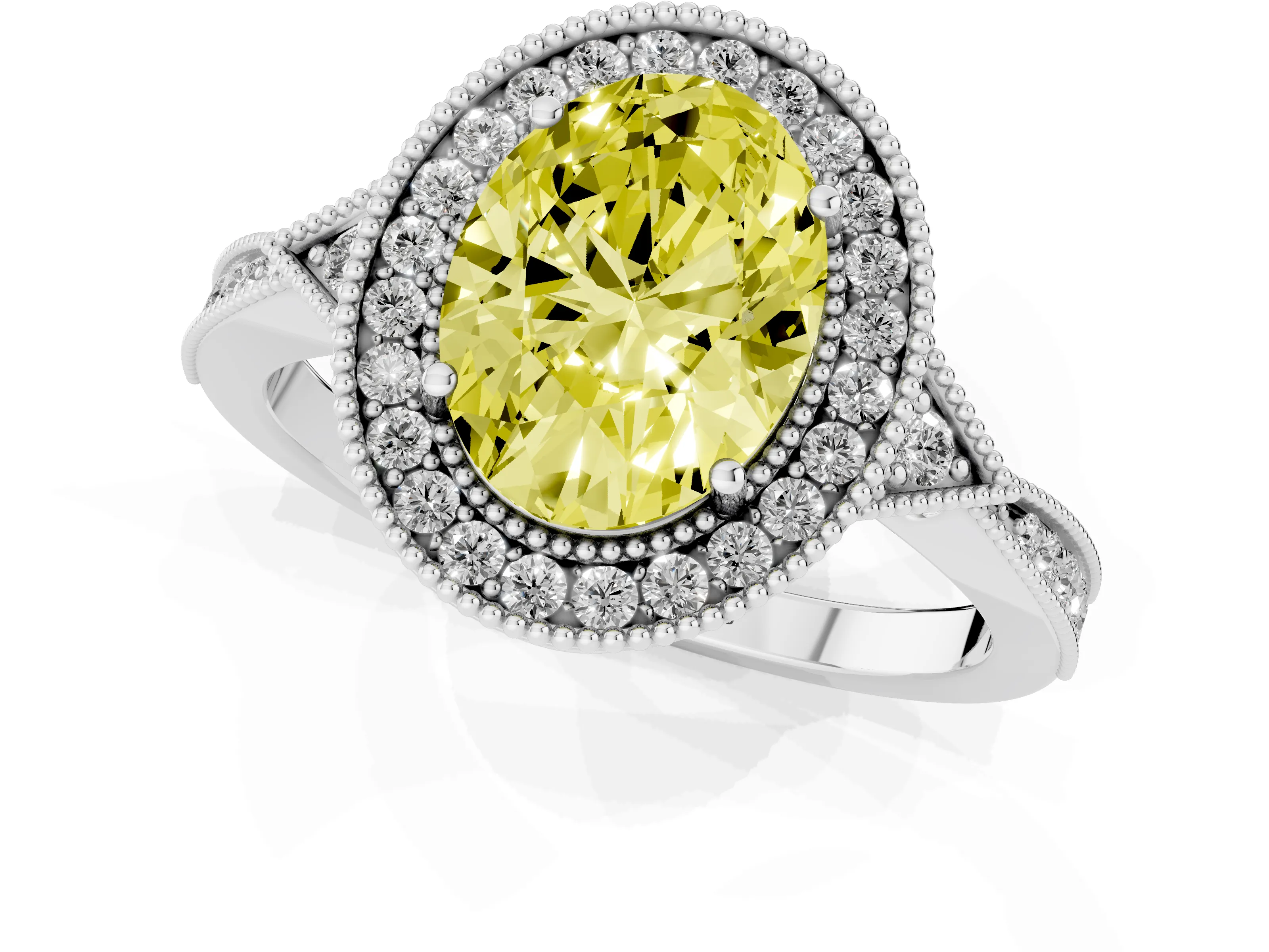 Fancy Yellow Oval Cut Diamond Halo Engagement Ring Set in Silver with Milgrain Pavé Band