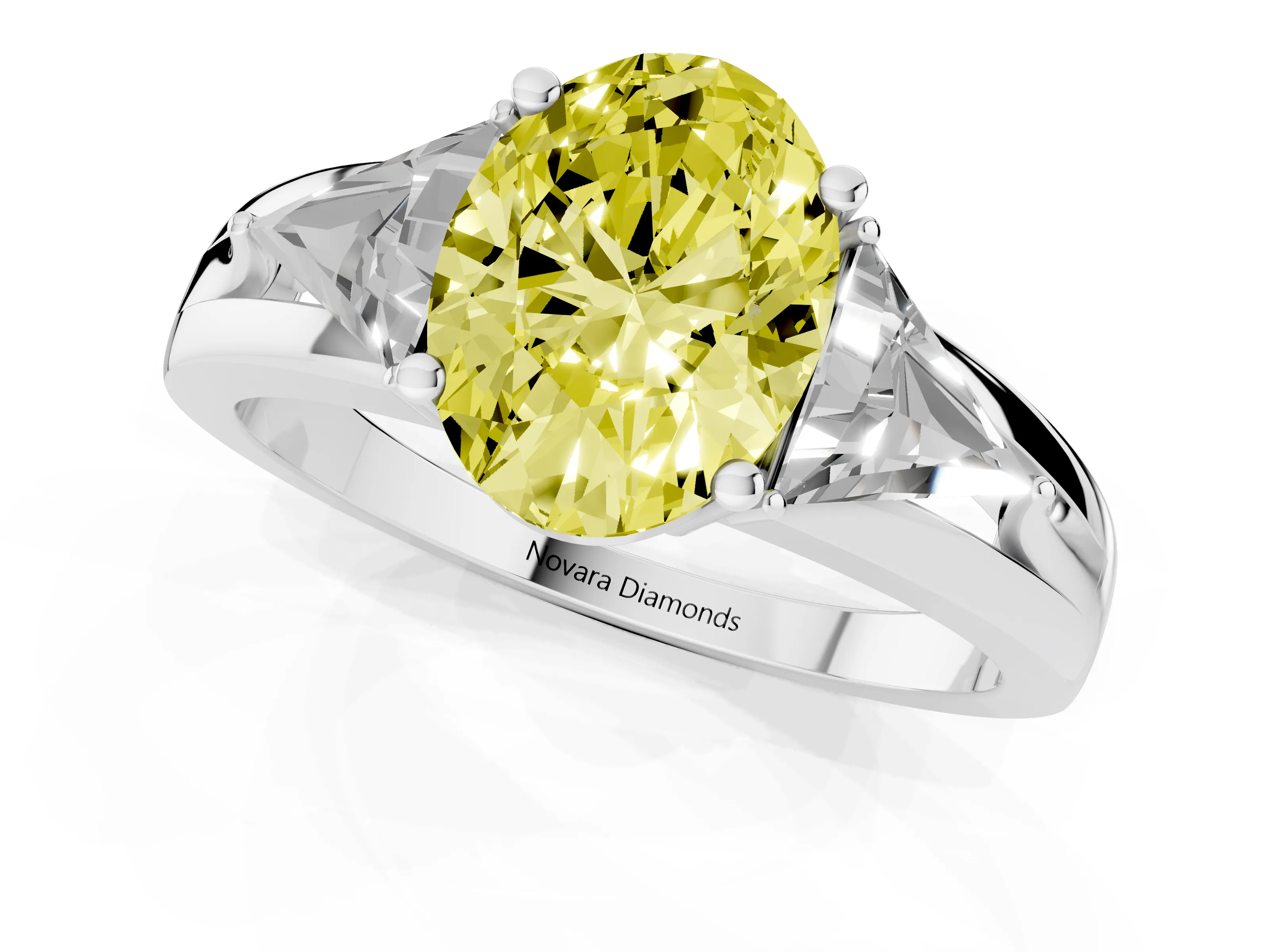 Fancy Yellow Oval Cut Diamond Three-Stone Ring Set in White gold with Trillion Side Stones and Split Shank