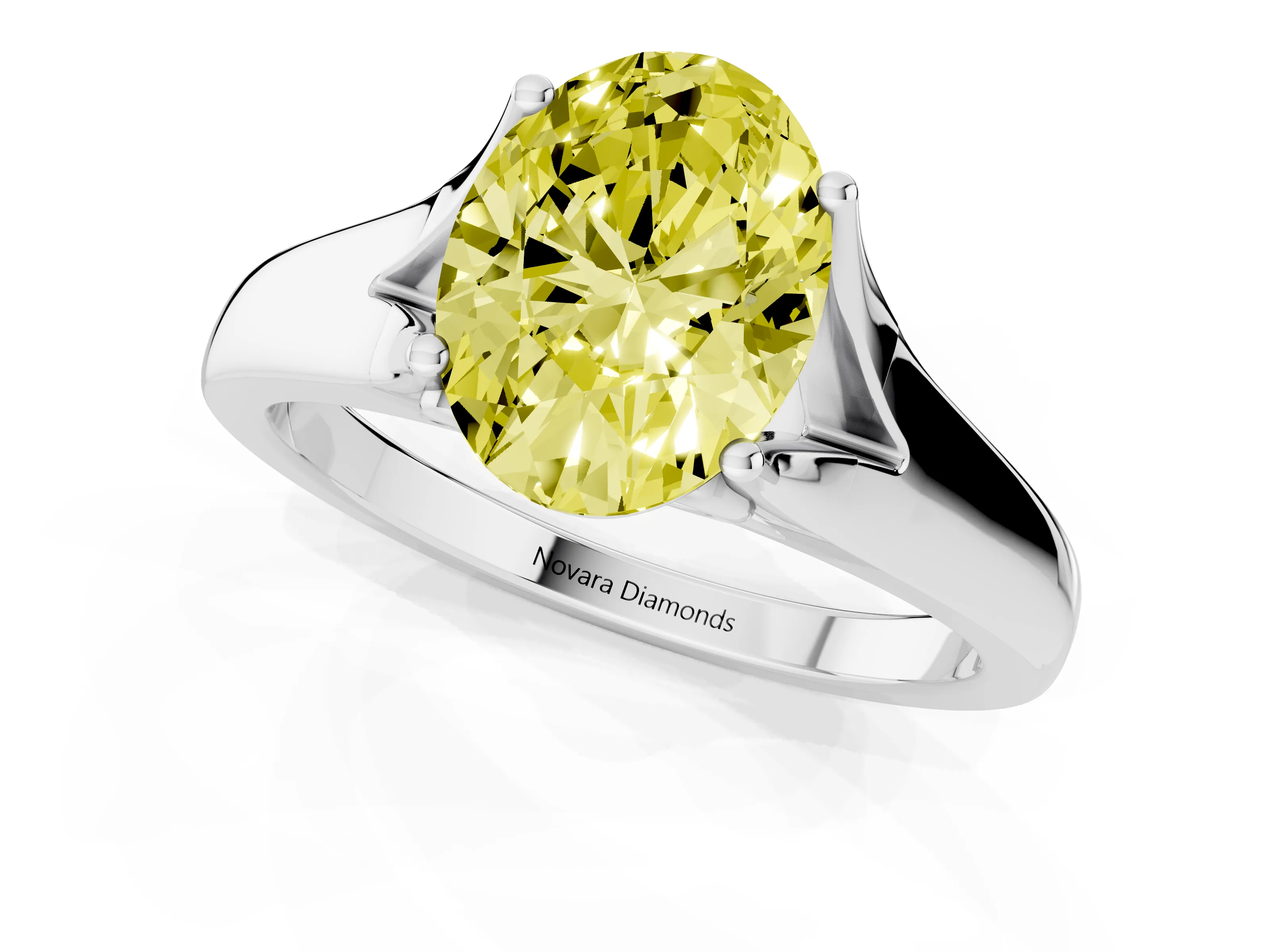 Fancy Yellow Oval Cut Diamond Solitaire Ring Set in Silver with Arched Cathedral Band and Prong Setting