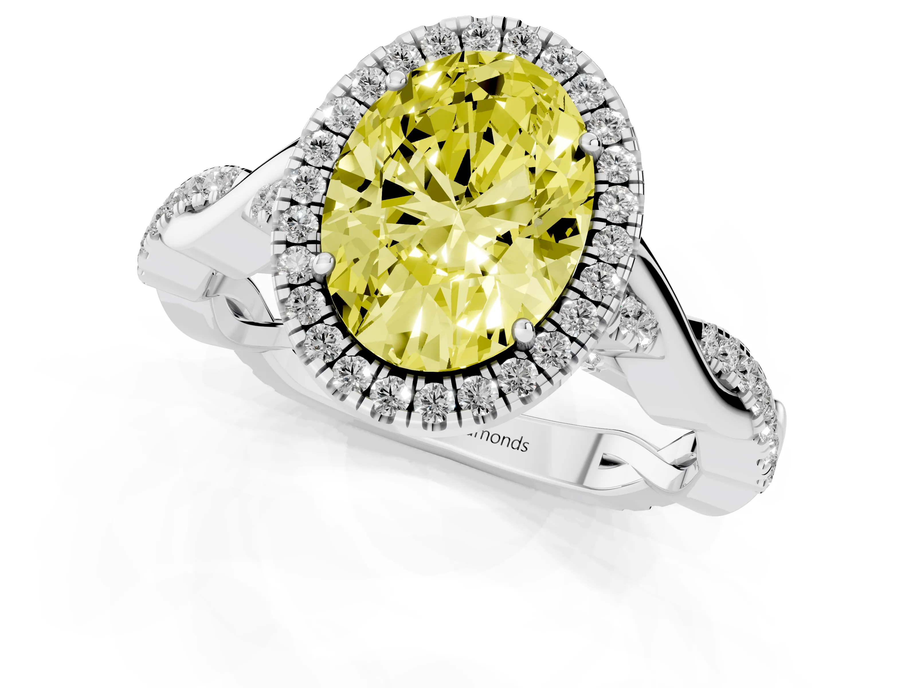 Fancy Yellow Oval Cut Diamond Halo Twist Band Solitaire Ring Set in Platinum with Prong Setting