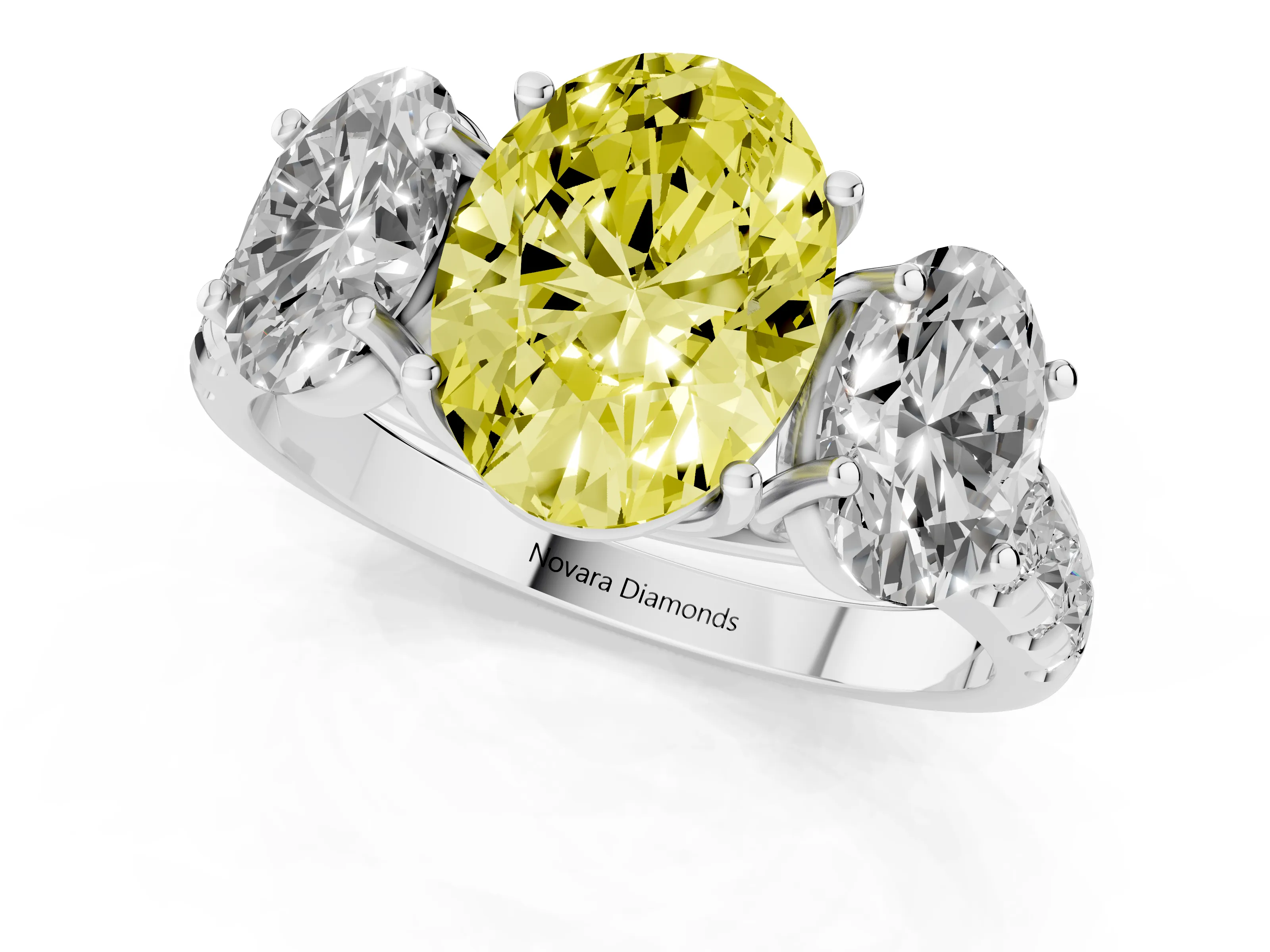 Fancy Yellow Oval Cut Diamond Three-Stone Ring Set in Silver with Pavé Band