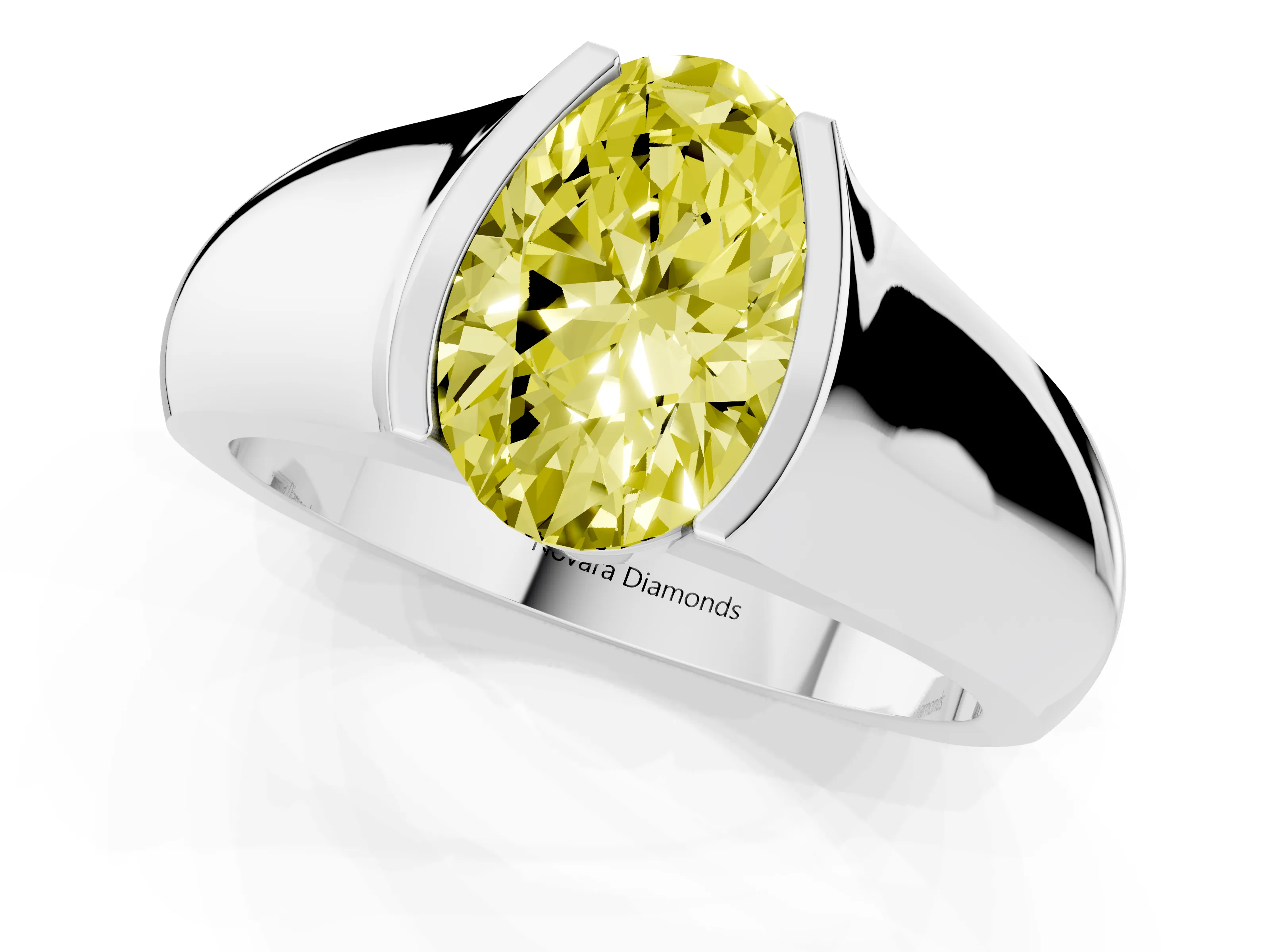 Fancy Yellow Oval Cut Diamond Bezel Solitaire Ring Set in White gold with Wide Band