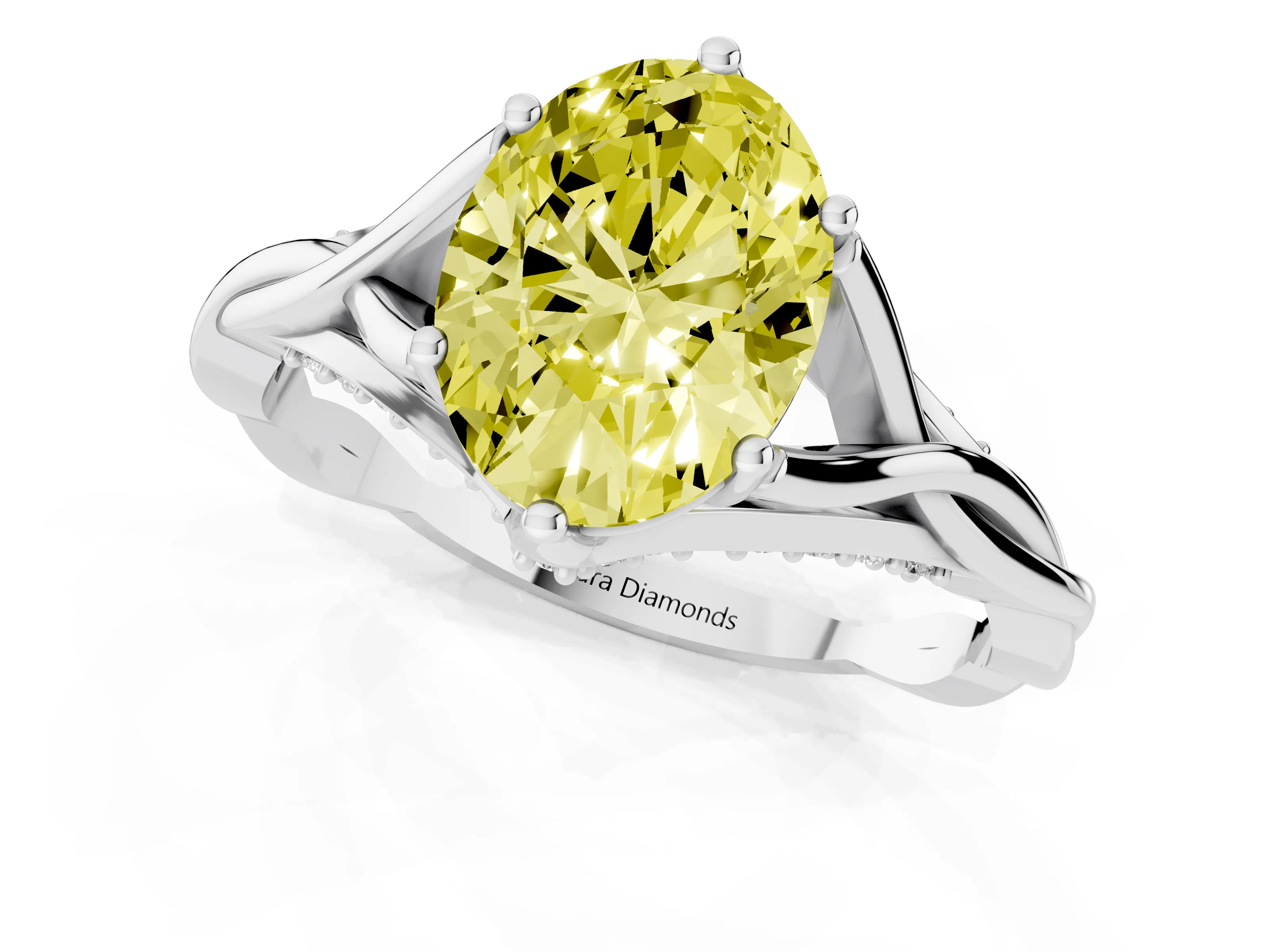 Fancy Yellow Oval Cut Diamond Intertwined Twist Band Solitaire Ring Set in White gold with Prong Setting