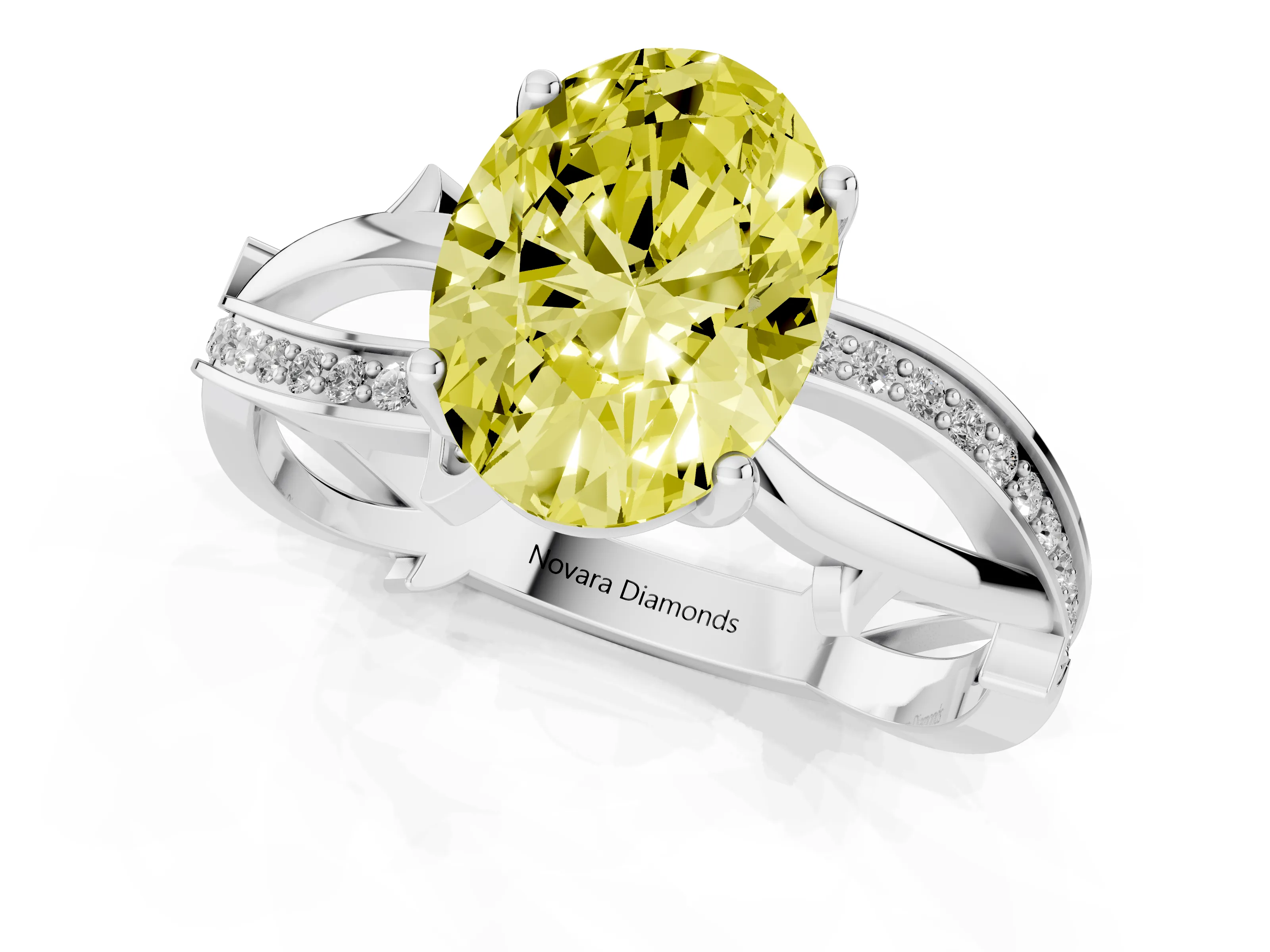 Fancy Yellow Oval Cut Diamond Pavé Twist Band Solitaire Ring Set in Platinum with Prong Setting