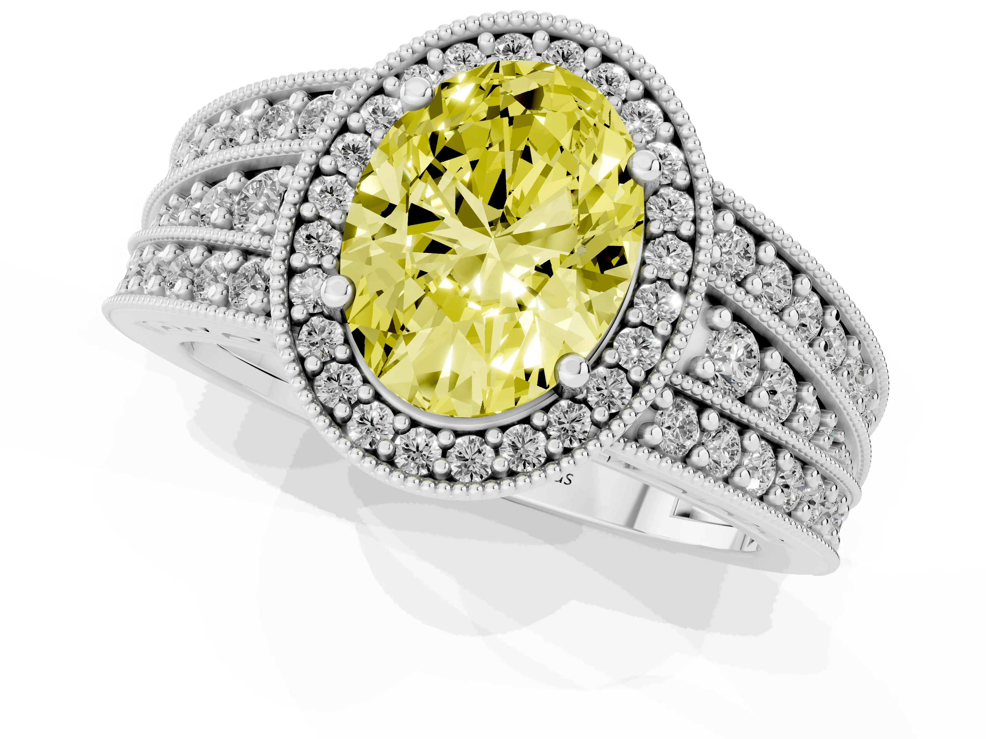 Fancy Yellow Oval Cut Diamond Halo Ring Set in Platinum with Accent Split Shank and Prong Setting