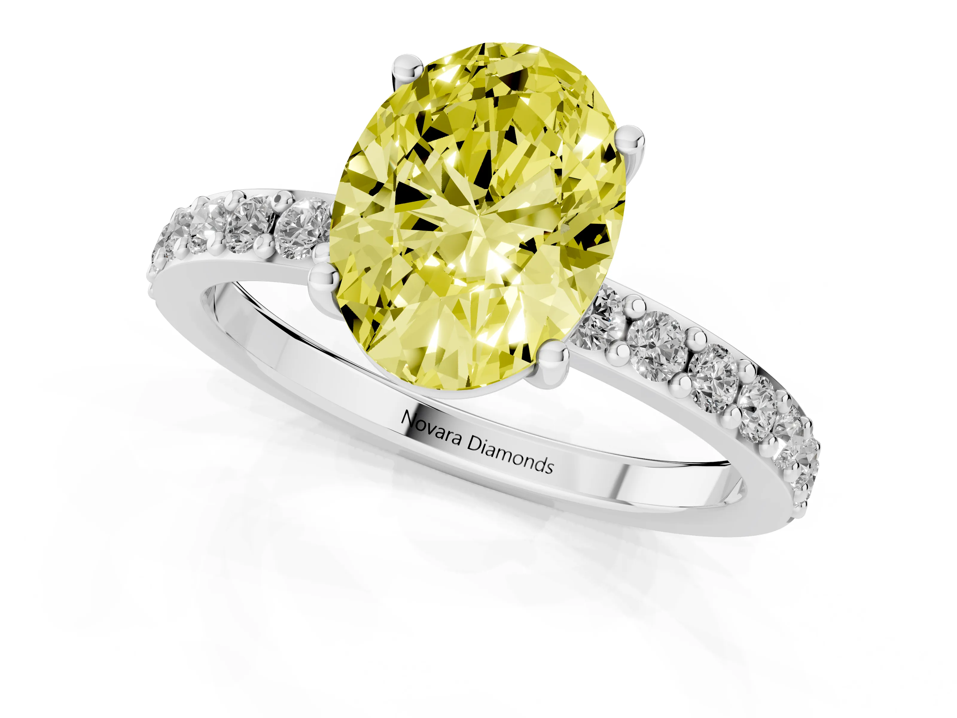 Fancy Yellow Oval Cut Diamond Solitaire Set in Platinum with Round Pavé Band and Prong Setting
