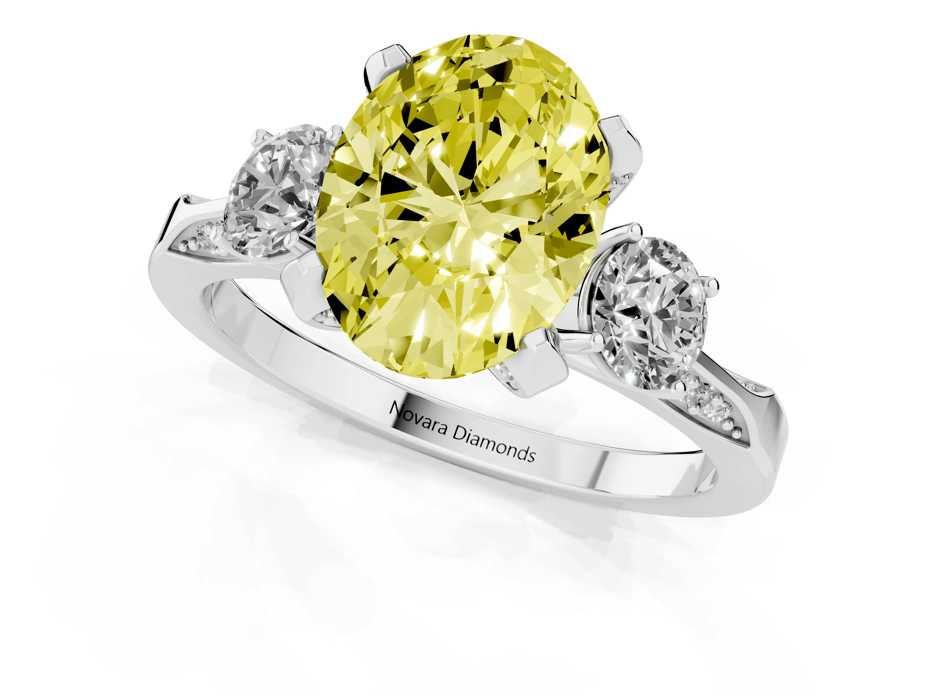 Fancy Yellow Oval Cut Diamond Three-Stone Ring Set in Silver with Pavé Band and Smaller Side Stones