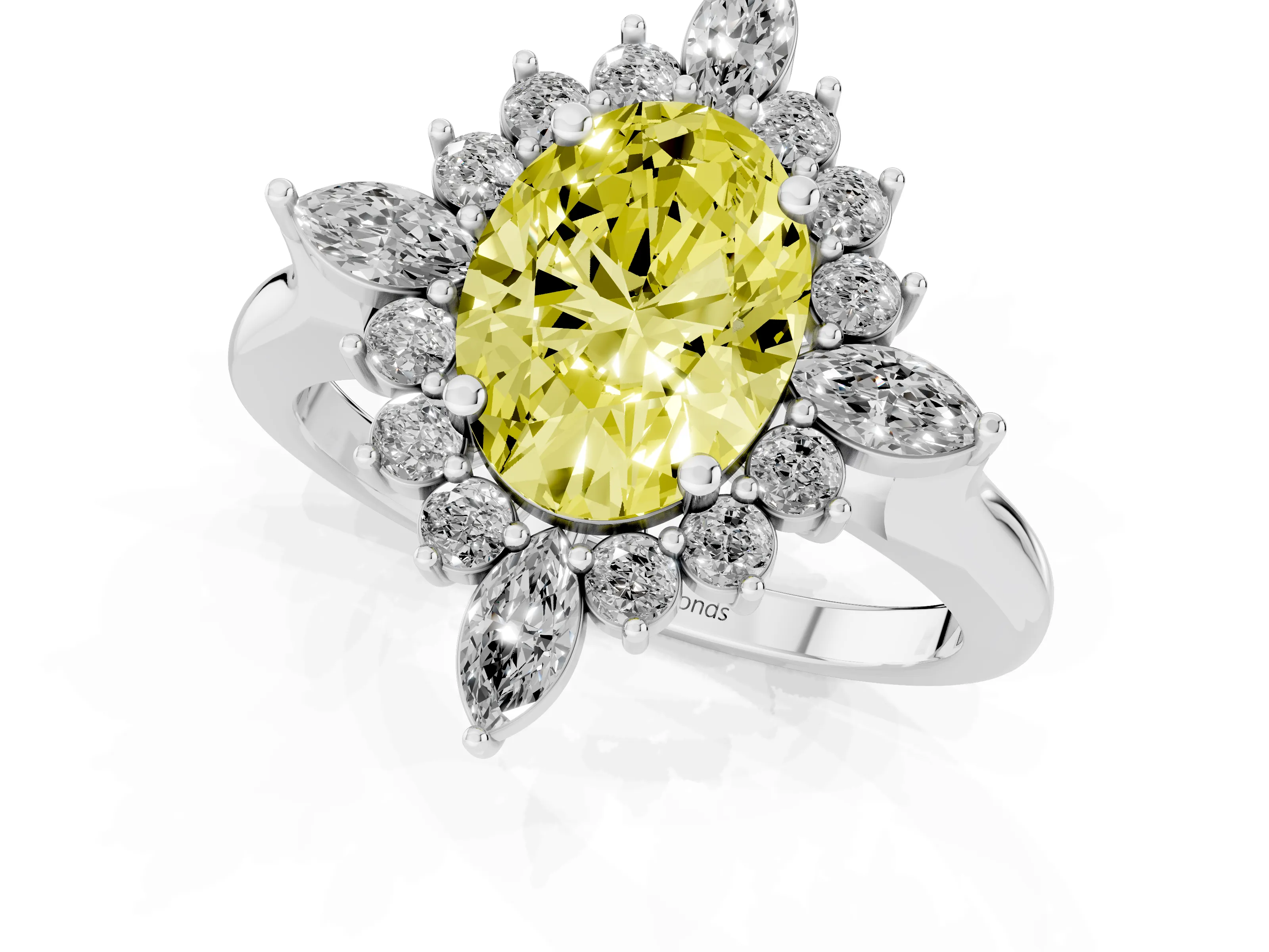 Fancy Yellow Oval Cut Diamond Cluster Halo Ring Set in White gold with Marquise and Round Accents