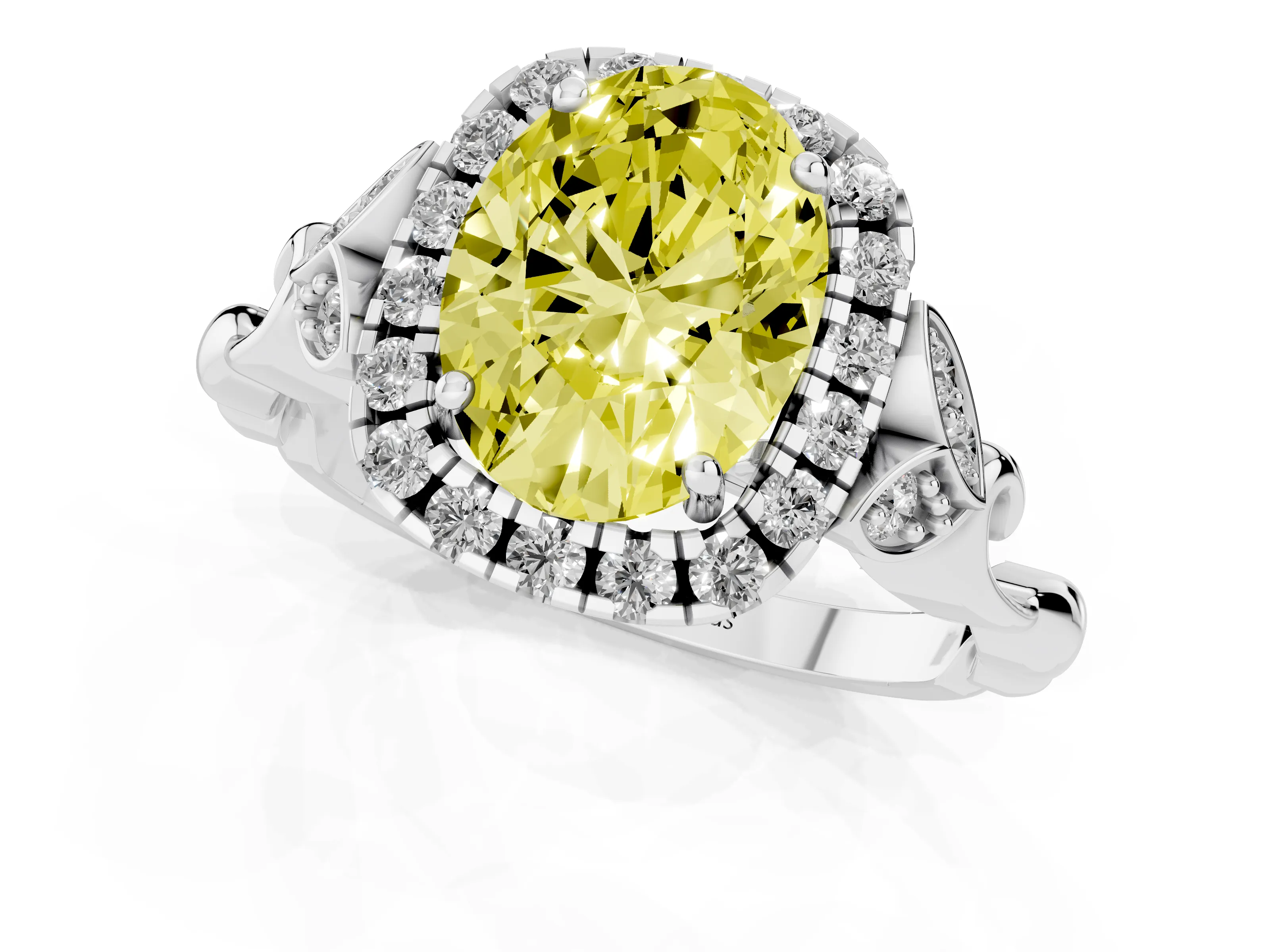 Fancy Yellow Oval Cut Diamond Halo Engagement Ring Set in White gold with Vintage-Inspired Band and Prong Setting