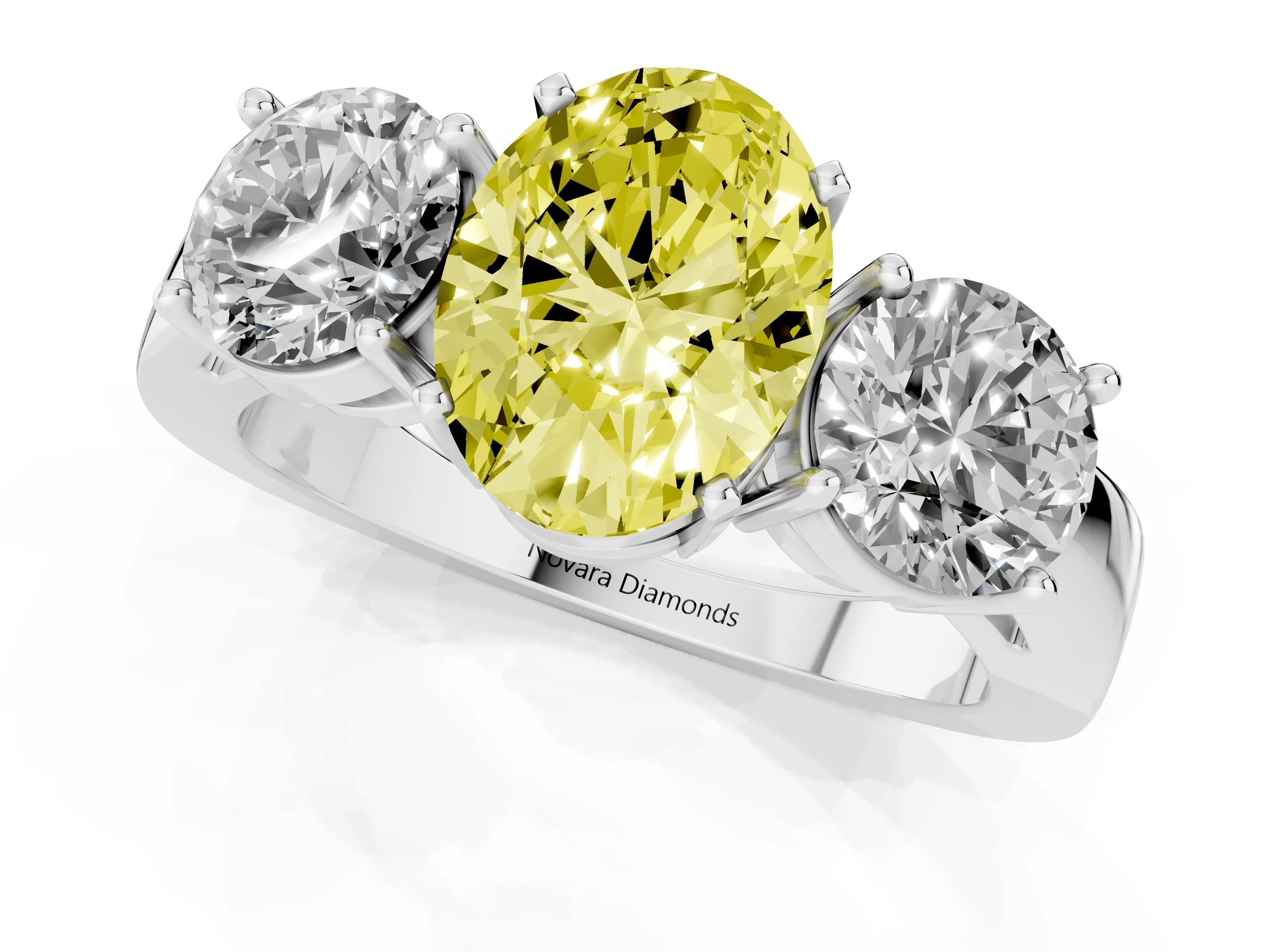 Fancy Yellow Oval Cut Diamond Three-Stone Ring Set in Silver with Round Side Stones and Classic Band