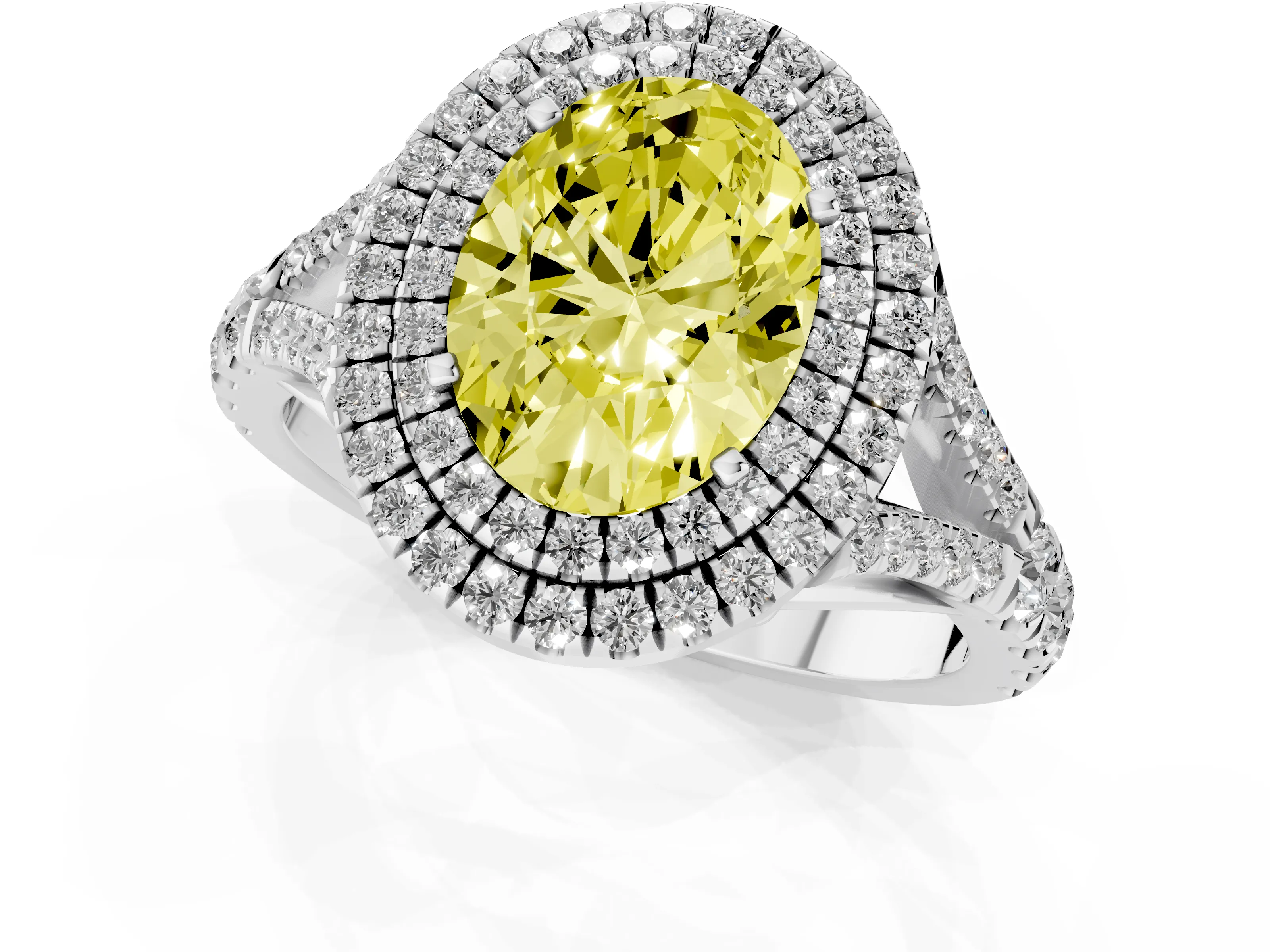 Fancy Yellow Oval Cut Diamond Pavé Split Shank Double Halo Engagement Ring Set in Silver