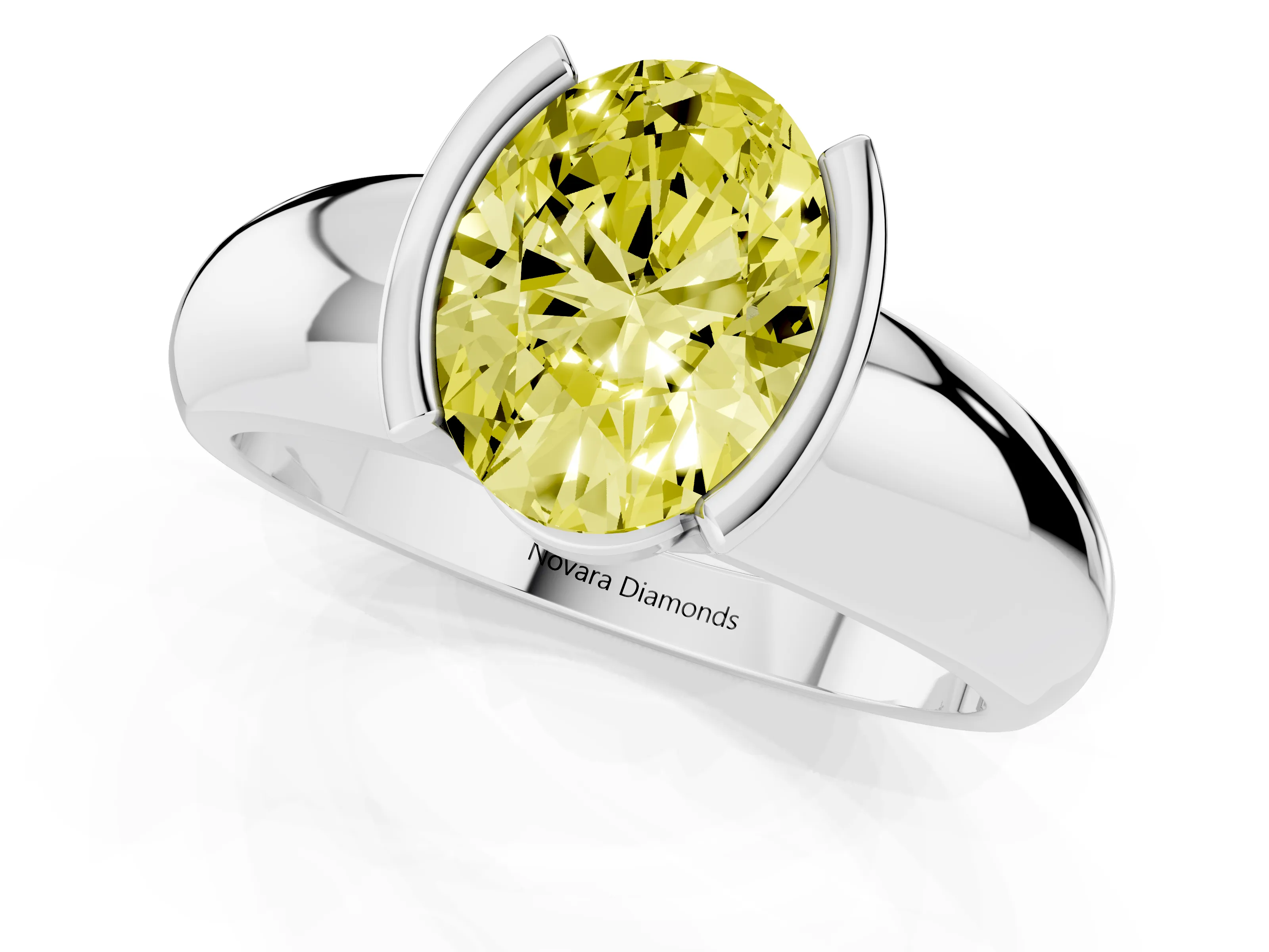 Fancy Yellow Oval Cut Diamond Solitaire Tension Set Ring Set in Silver with Wide Band