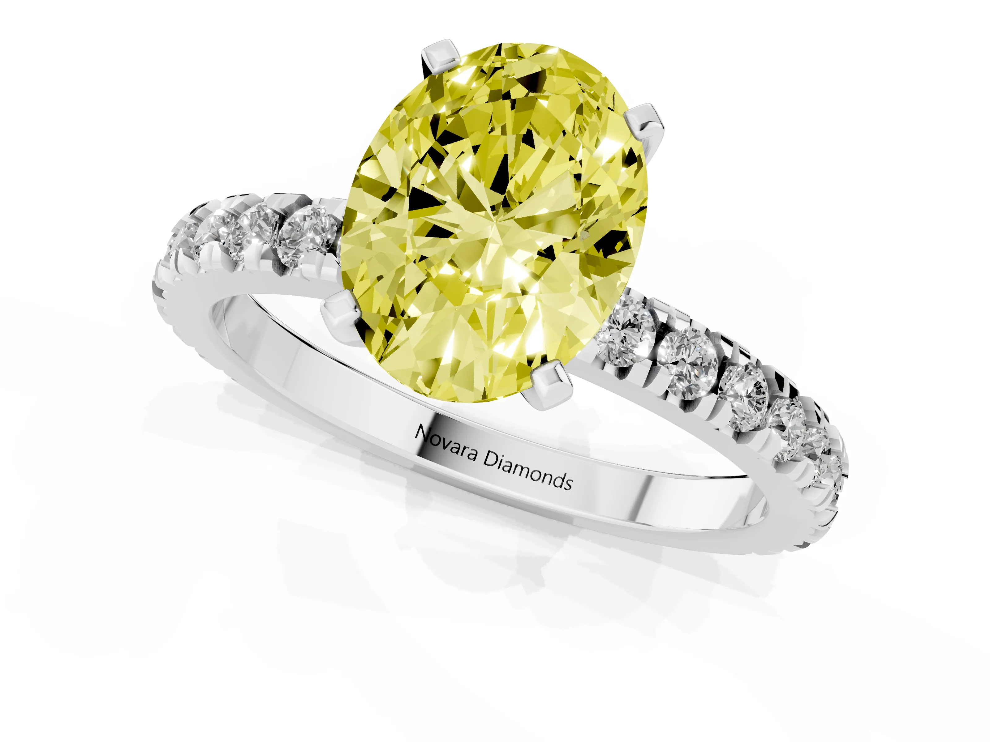 Fancy Yellow Oval Cut Diamond Pavé Band Solitaire Set in Silver with Prong Setting