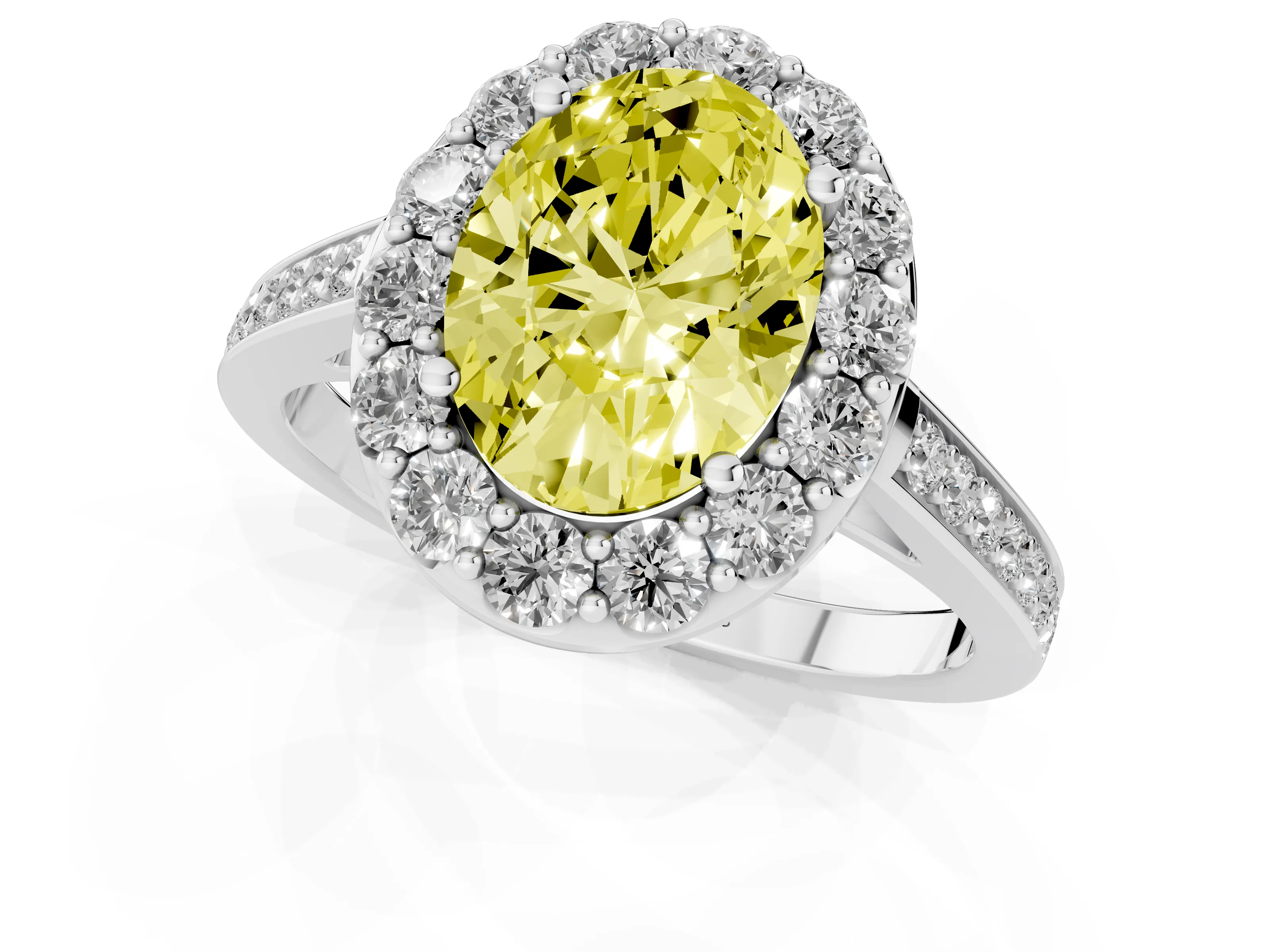 Fancy Yellow Oval Cut Diamond Floral Halo Ring Set in Silver with Pavé Band and Prong Setting