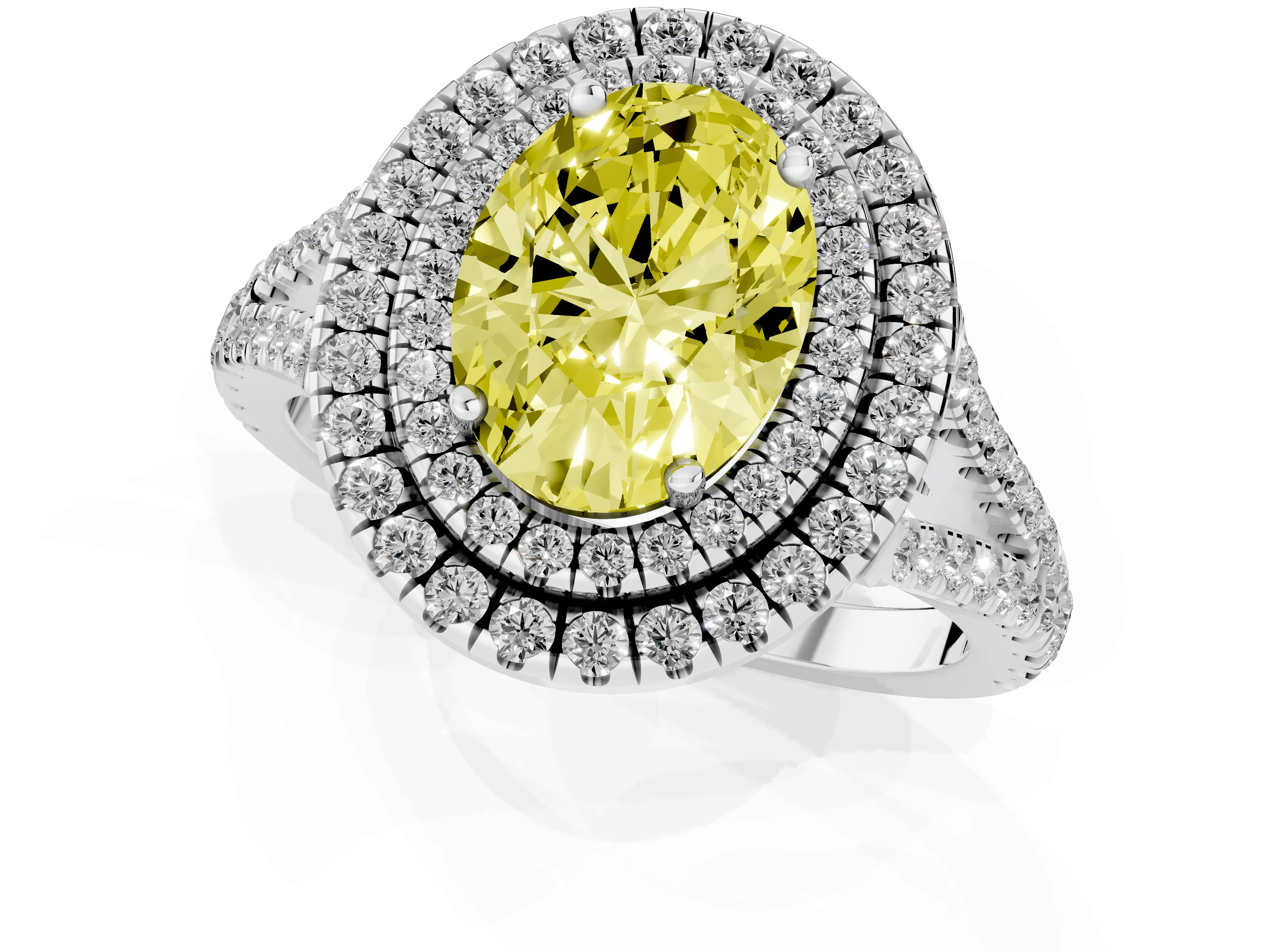 Fancy Yellow Oval Cut Diamond Double Halo Ring Set in Platinum with Pavé Band