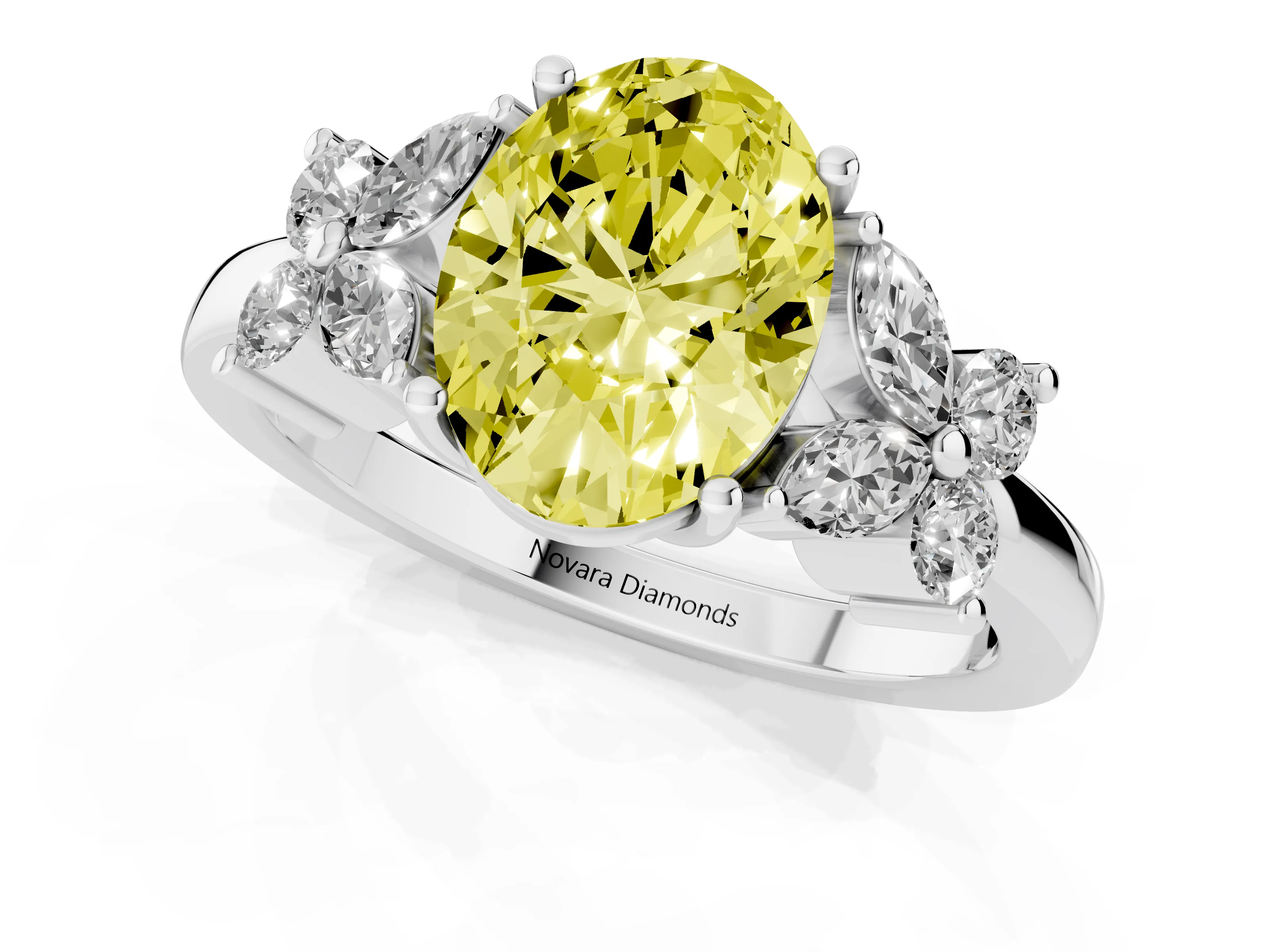 Fancy Yellow Oval Cut Diamond Floral Cluster Ring Set in Platinum with Marquise Petals and Prong Setting