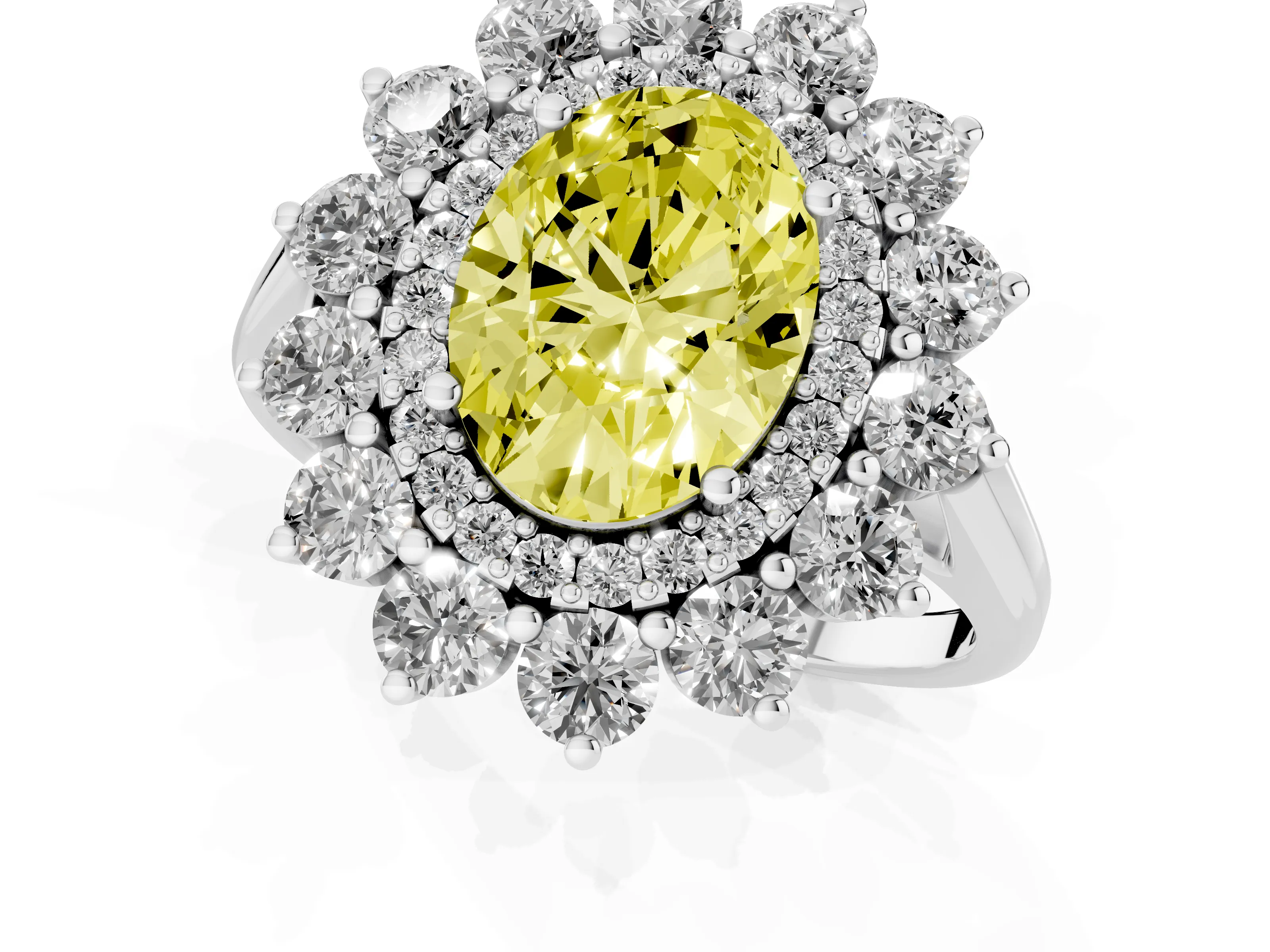 Fancy Yellow Oval Cut Diamond Floral Double Halo Ring Set in Platinum with Round Petals