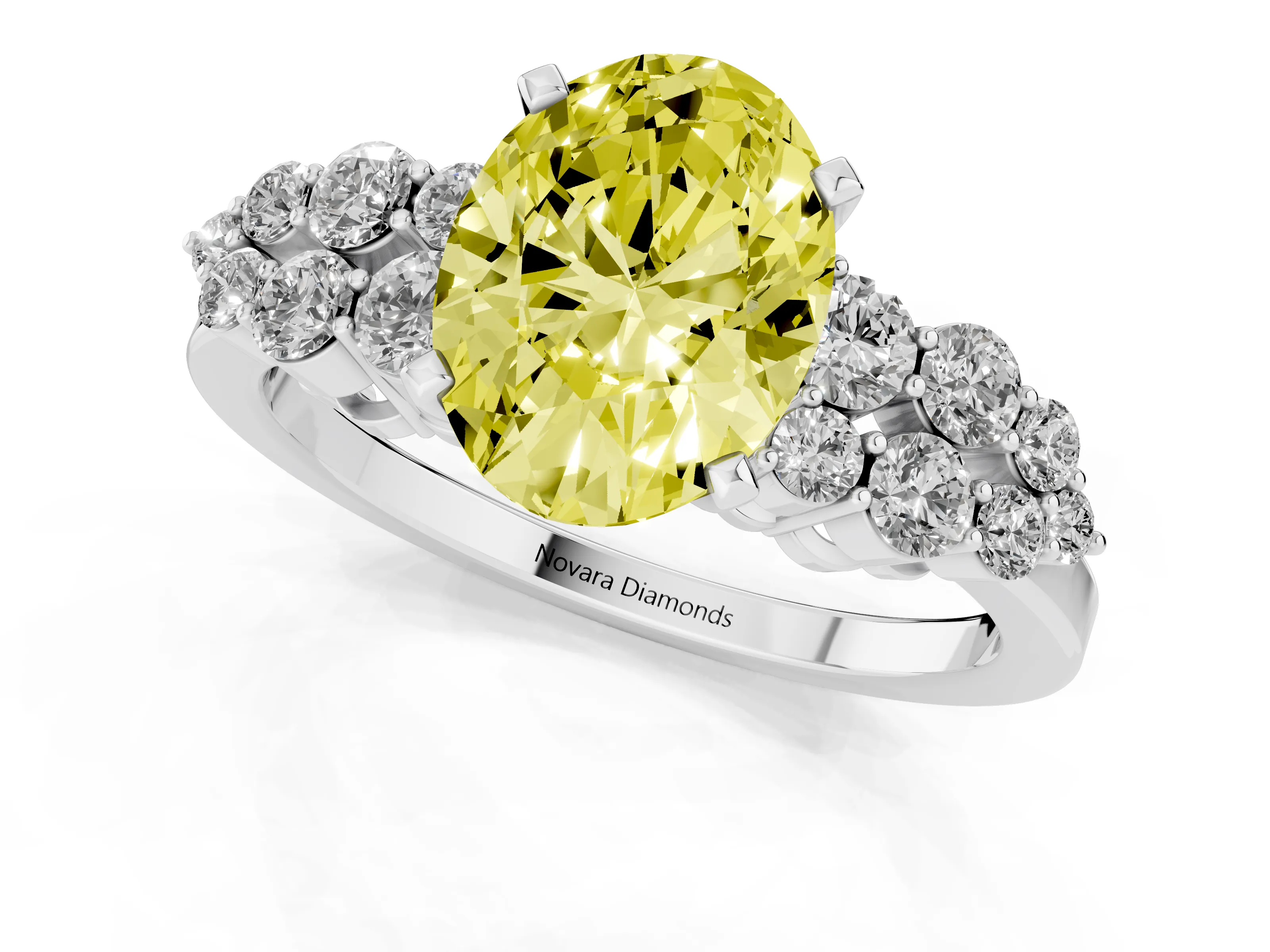 Fancy Yellow Oval Cut Diamond Cluster Engagement Ring Set in White gold with Pavé Band and Prong Setting