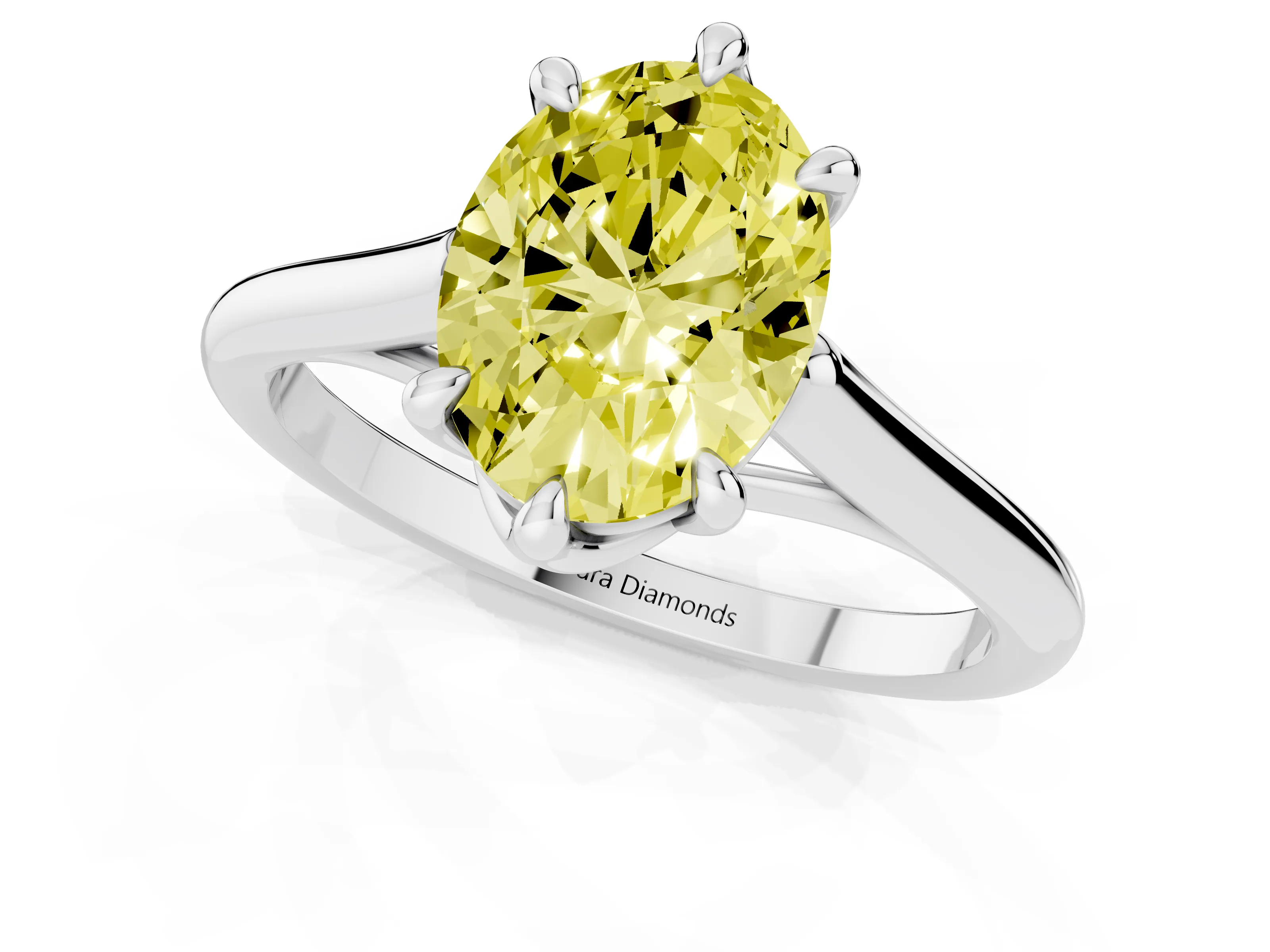Fancy Yellow Oval Cut Diamond Solitaire Engagement Ring Set in Platinum with Prong Setting and Plain Classic Band