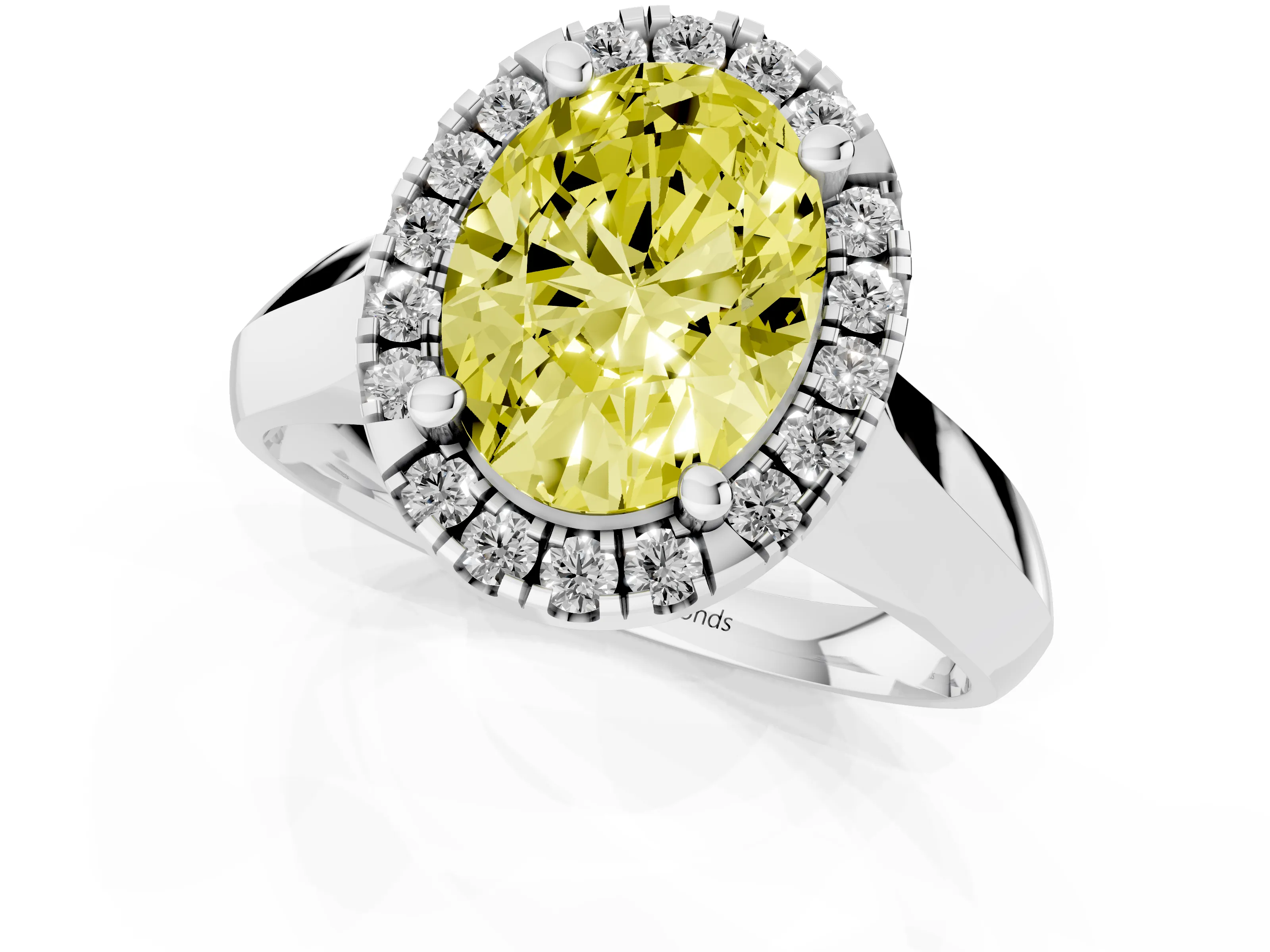 Fancy Yellow Oval Cut Diamond Halo Solitaire Engagement Ring Set in Silver with Square Band and Prong Setting