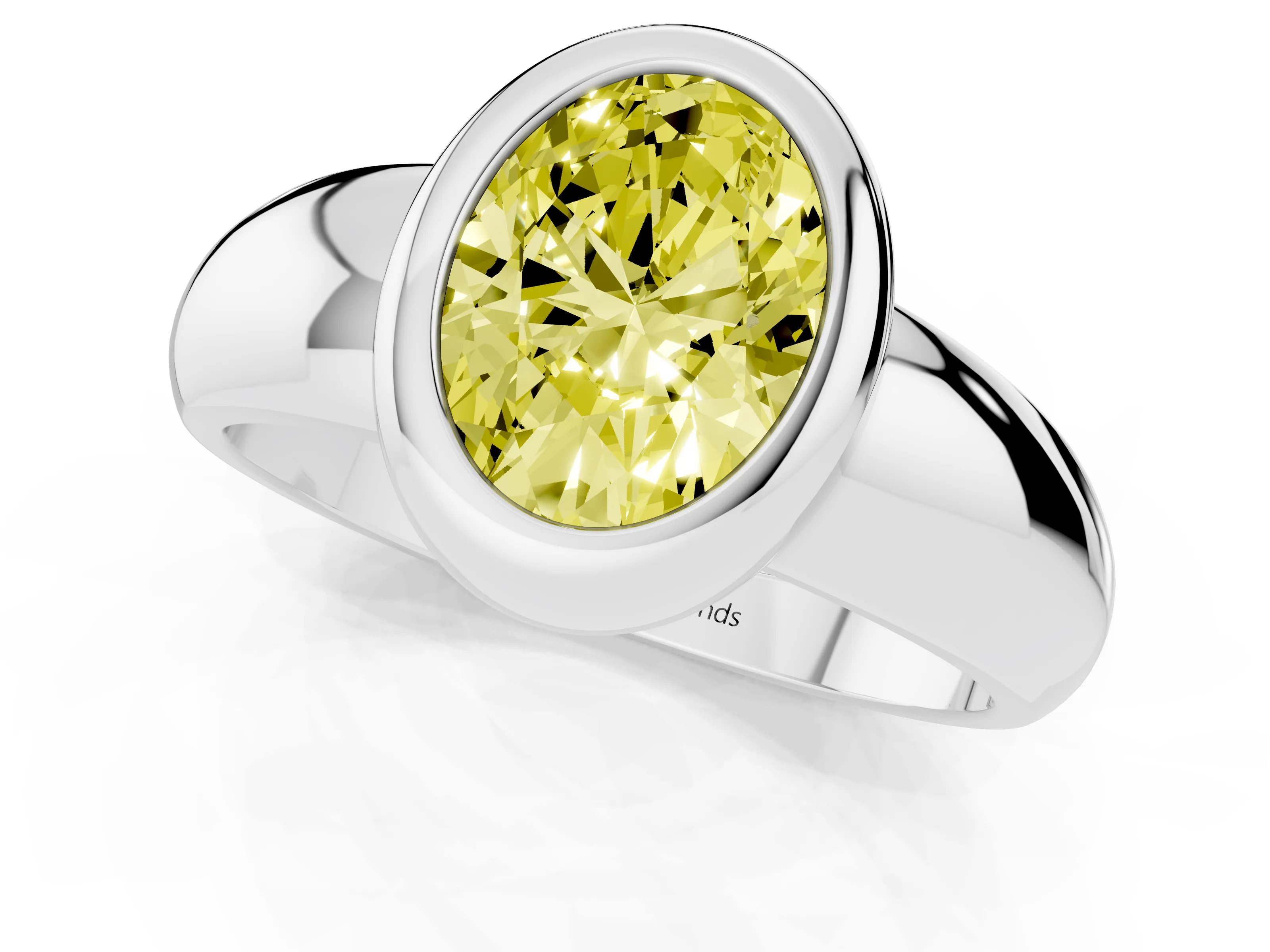 Fancy Yellow Bezel Set Oval Cut Diamond Solitaire Ring Set in Silver with Wide Band